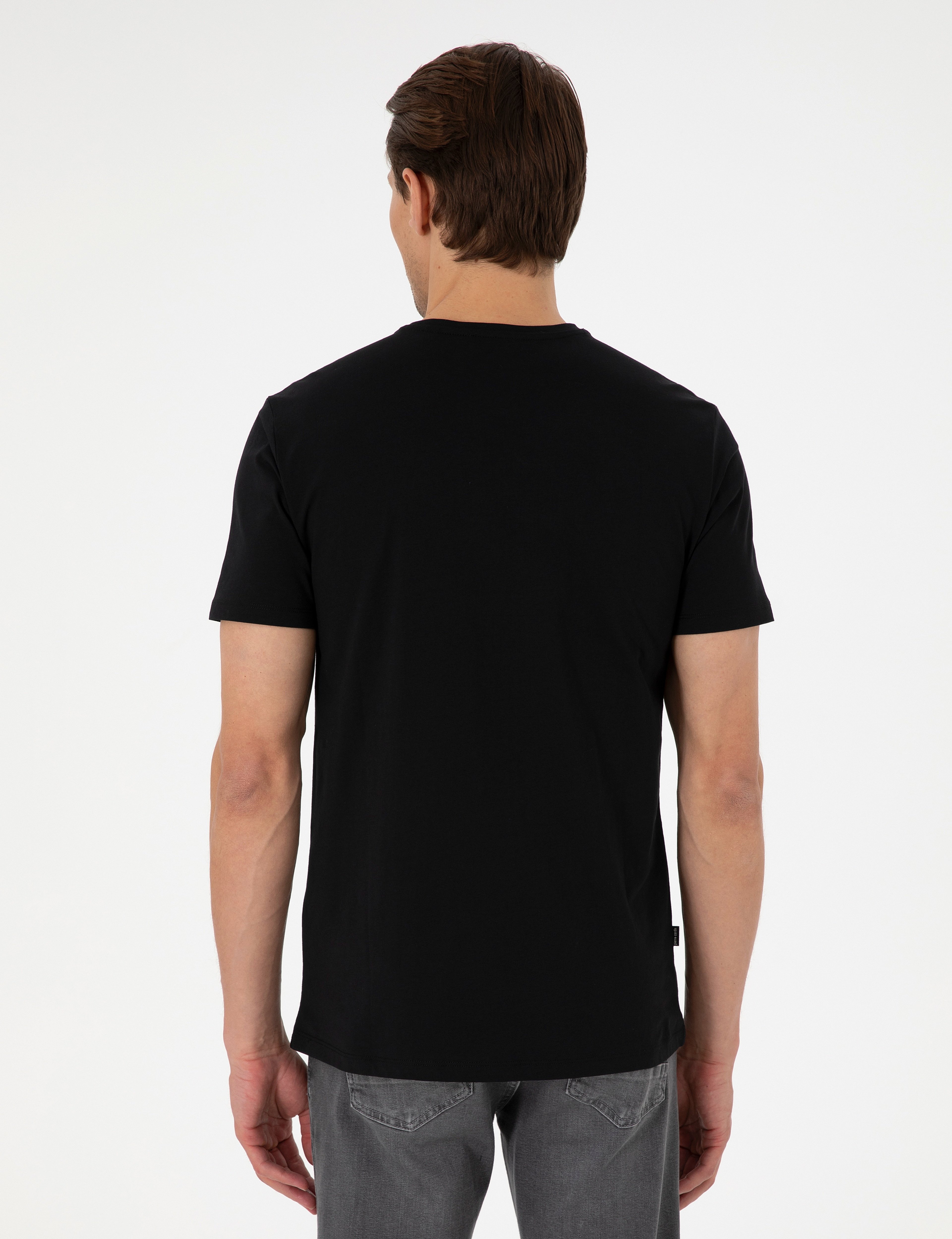 Siyah Slim Fit %100 Pamuk Bisiklet Yaka Basic Tişört - Image 5