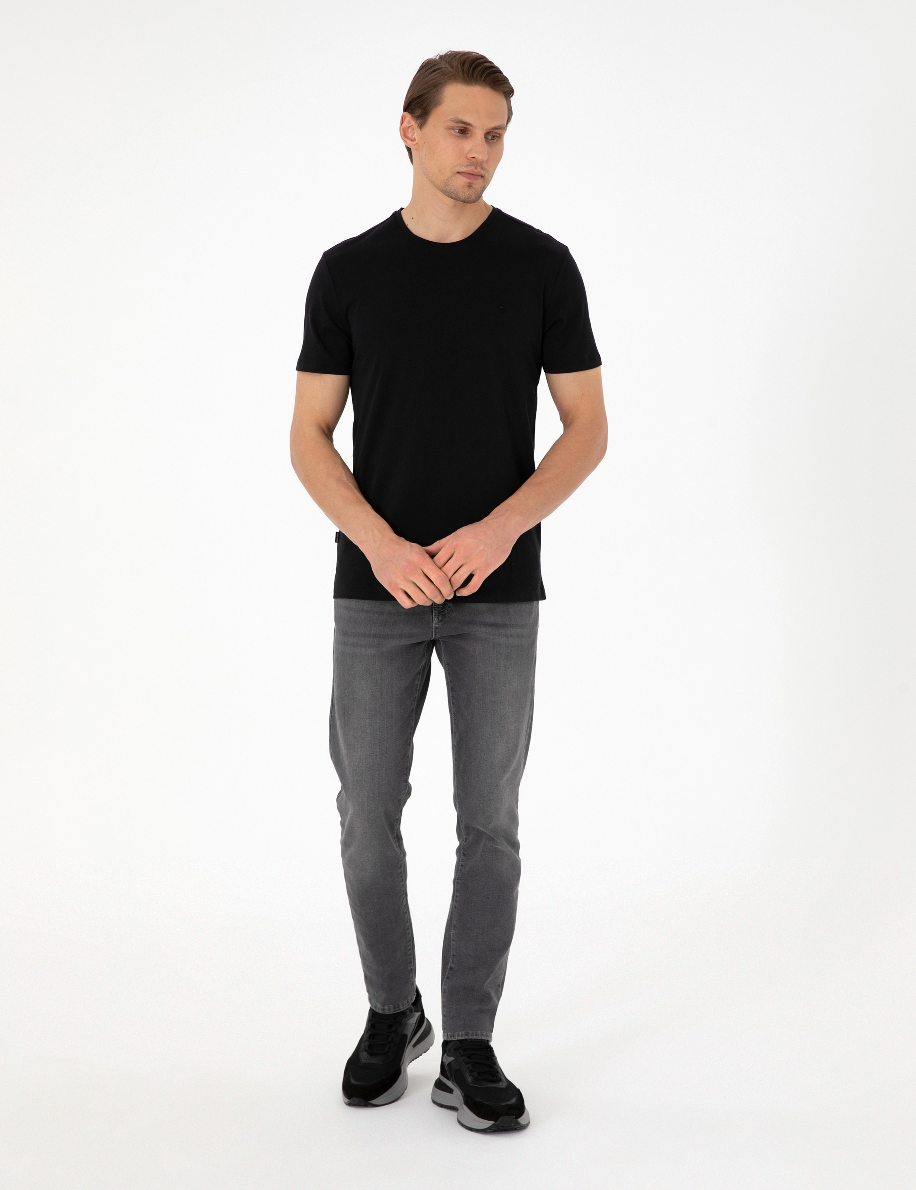 Siyah Slim Fit %100 Pamuk Bisiklet Yaka Basic Tişört - Image 4