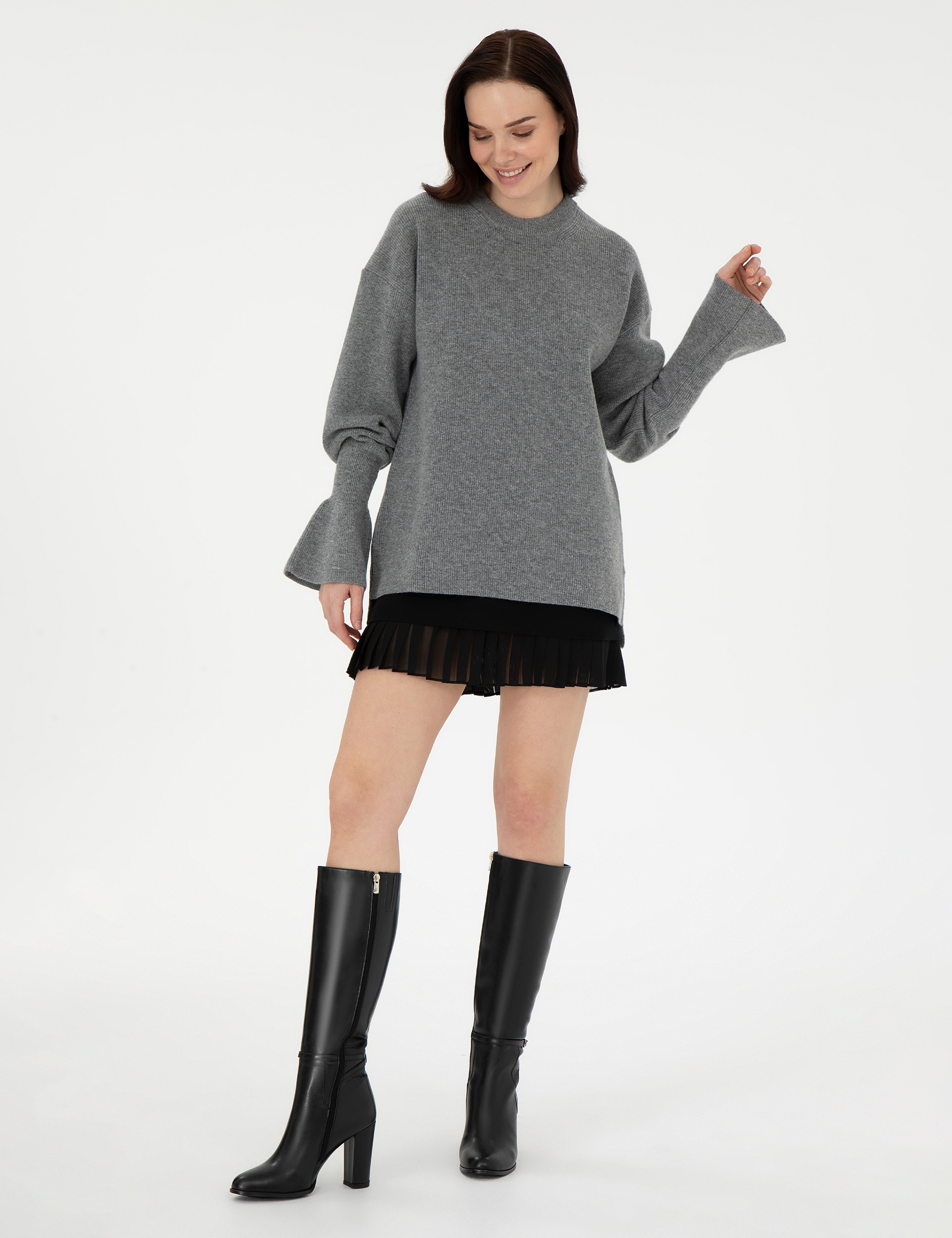 Gri Melanj Regular Fit Yün Kazak - Image 4