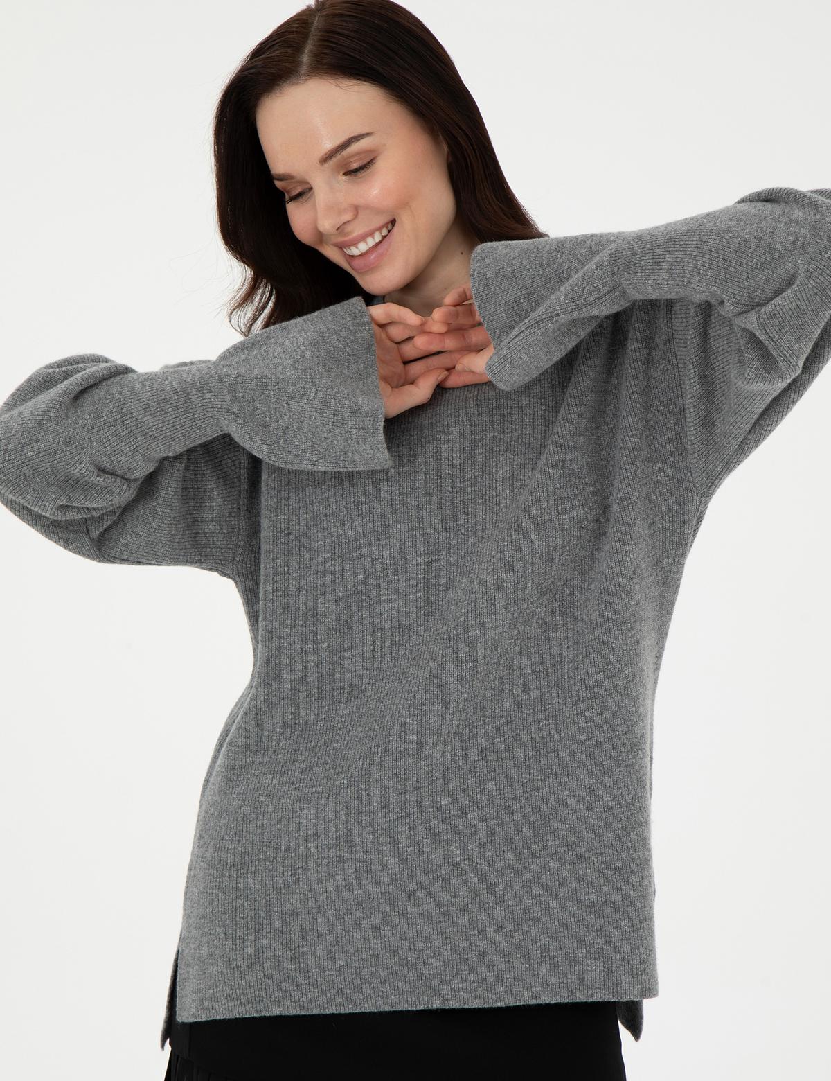 Gri Melanj Regular Fit Yün Kazak - 50296484004