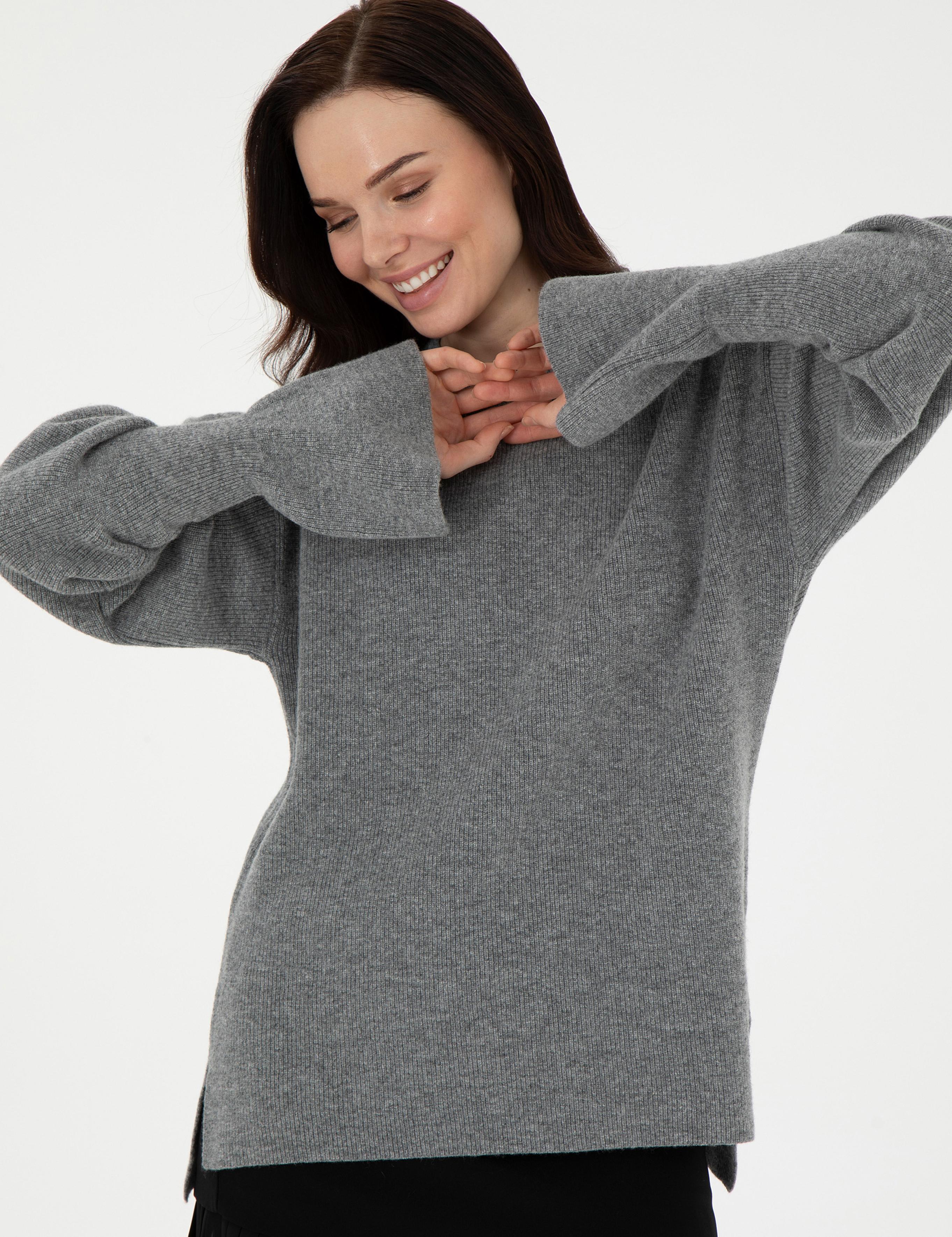 Gri Melanj Regular Fit Yün Kazak