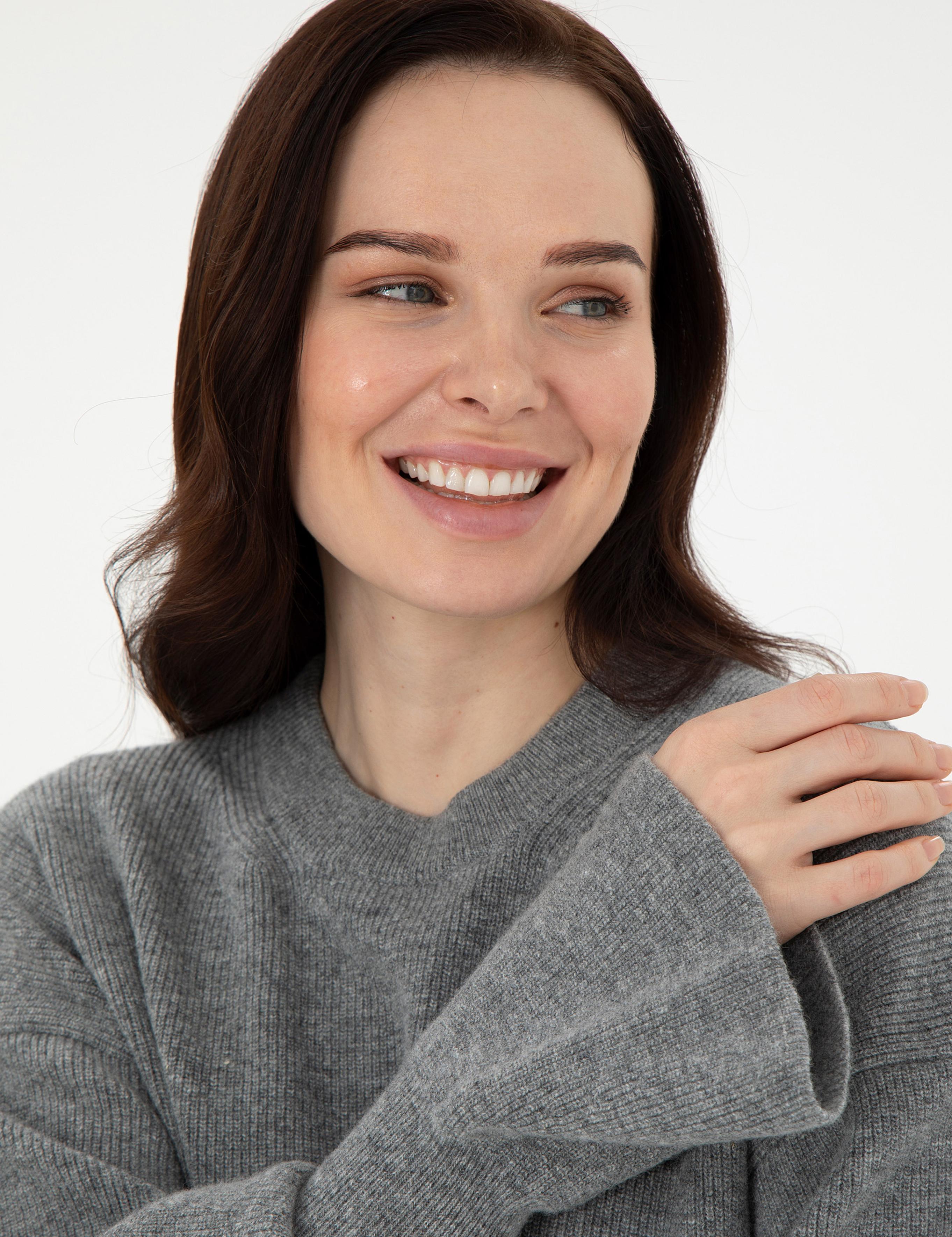 Gri Melanj Regular Fit Yün Kazak