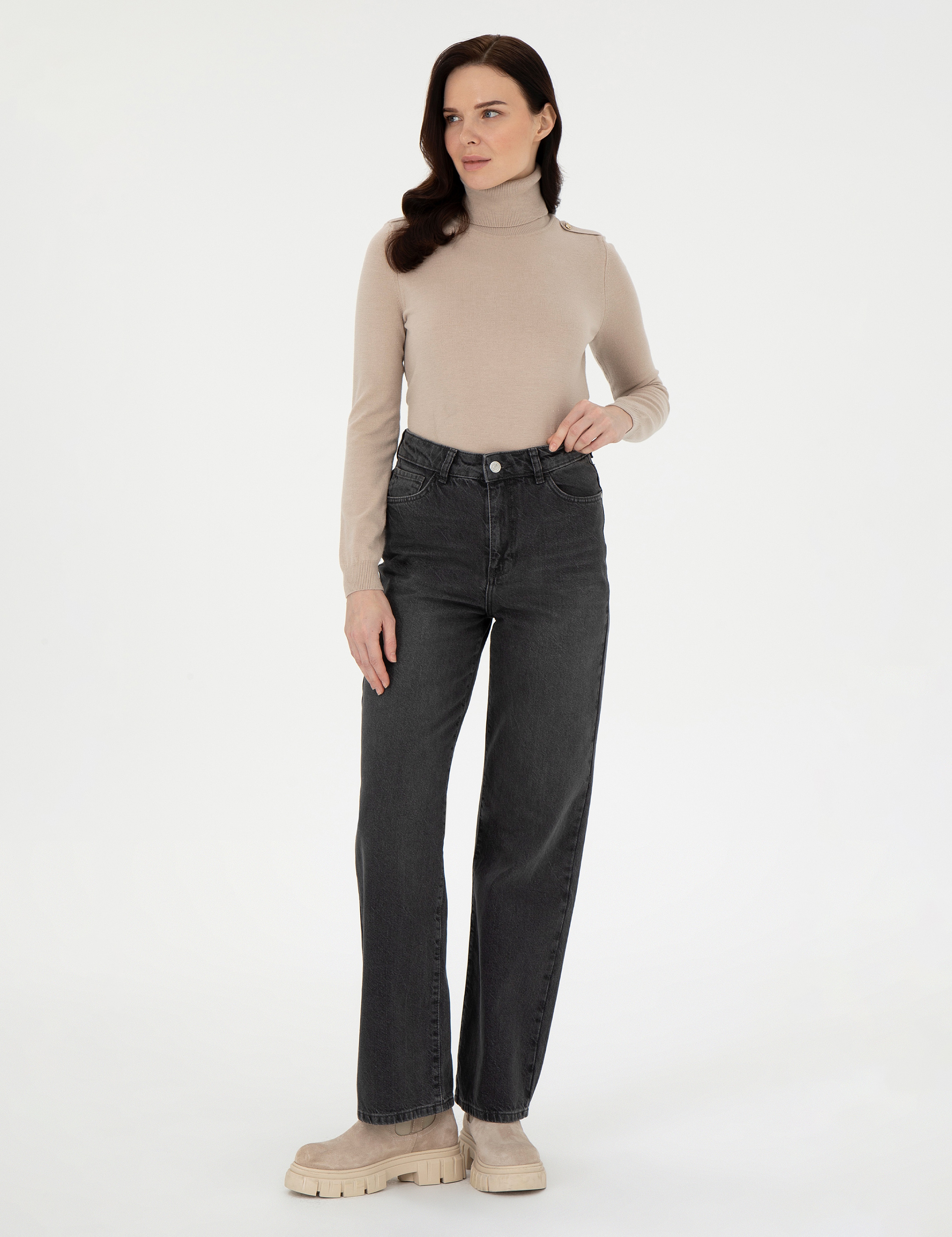 Bej Slim Fit Balıkçı Yaka Basic Kazak - Image 4