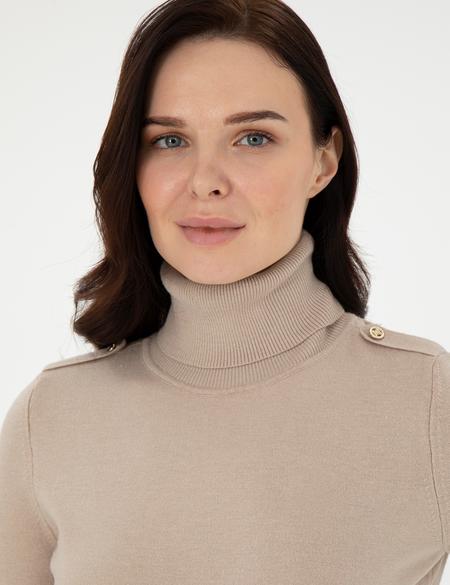 Bej Slim Fit Balıkçı Yaka Basic Kazak - 50290579077