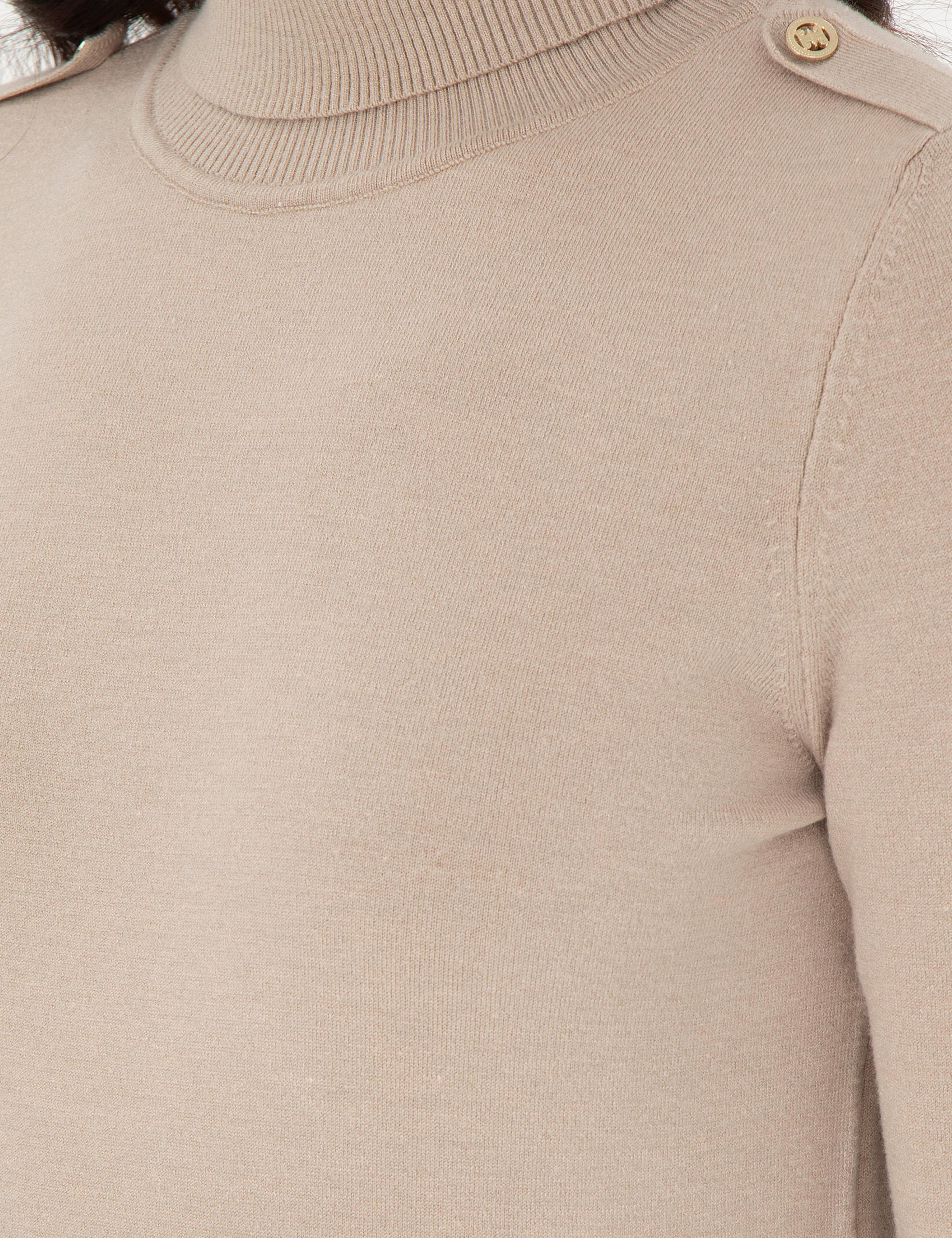 Bej Slim Fit Balıkçı Yaka Basic Kazak