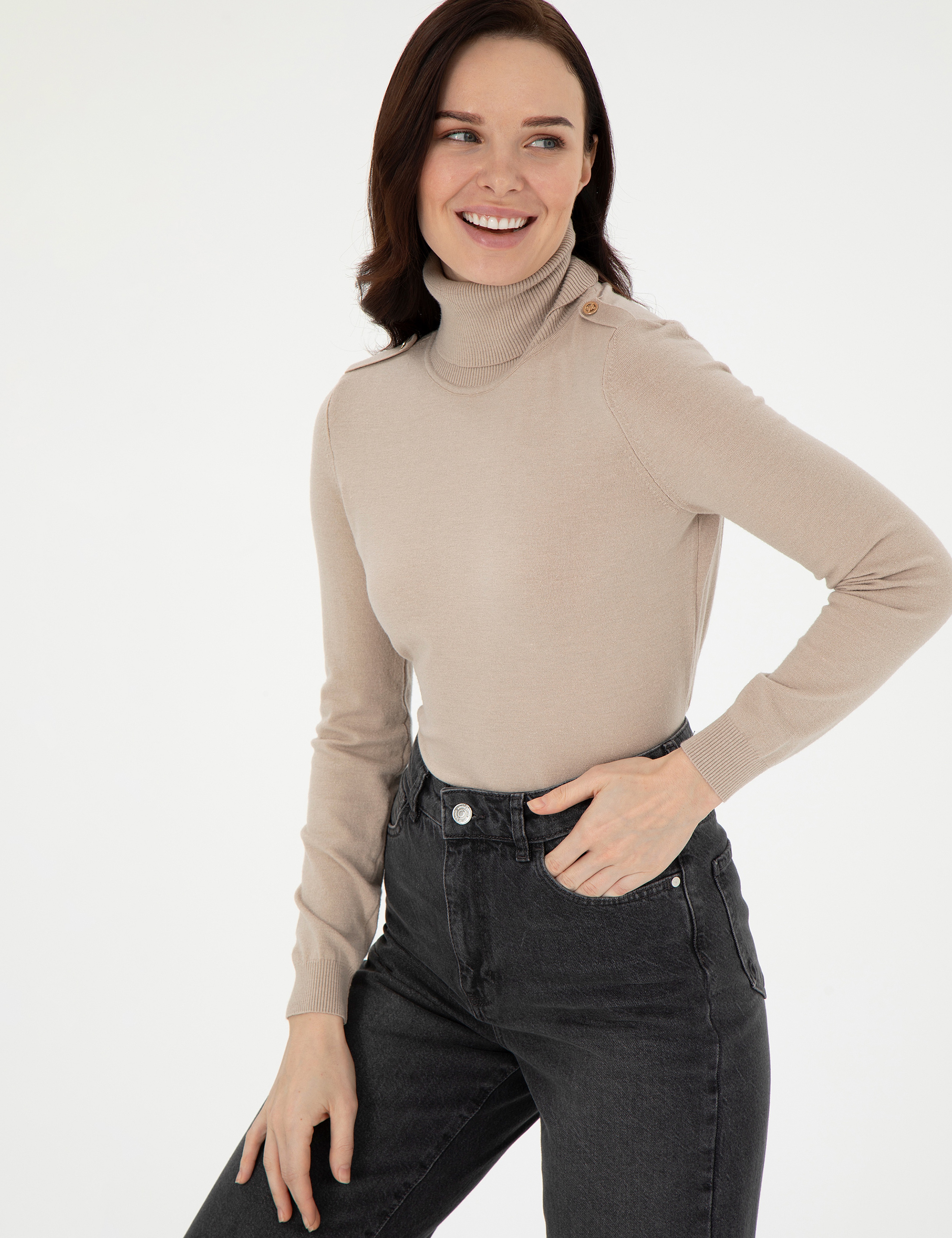 Bej Slim Fit Balıkçı Yaka Basic Kazak - Image 3