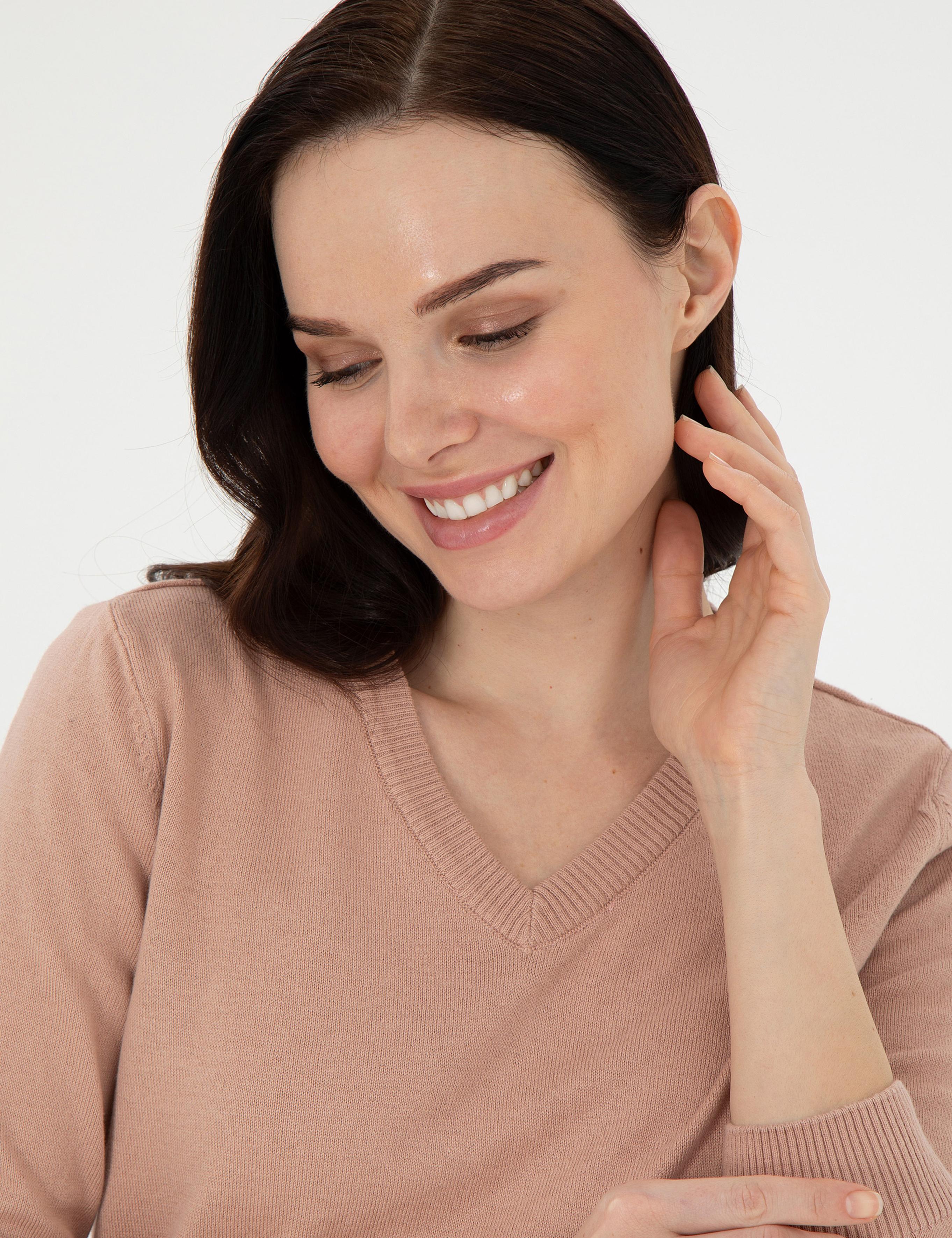 Pudra Slim Fit V Yaka Basic Kazak