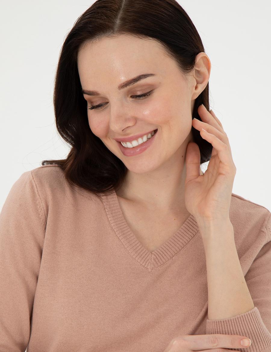 Pudra Slim Fit V Yaka Basic Kazak