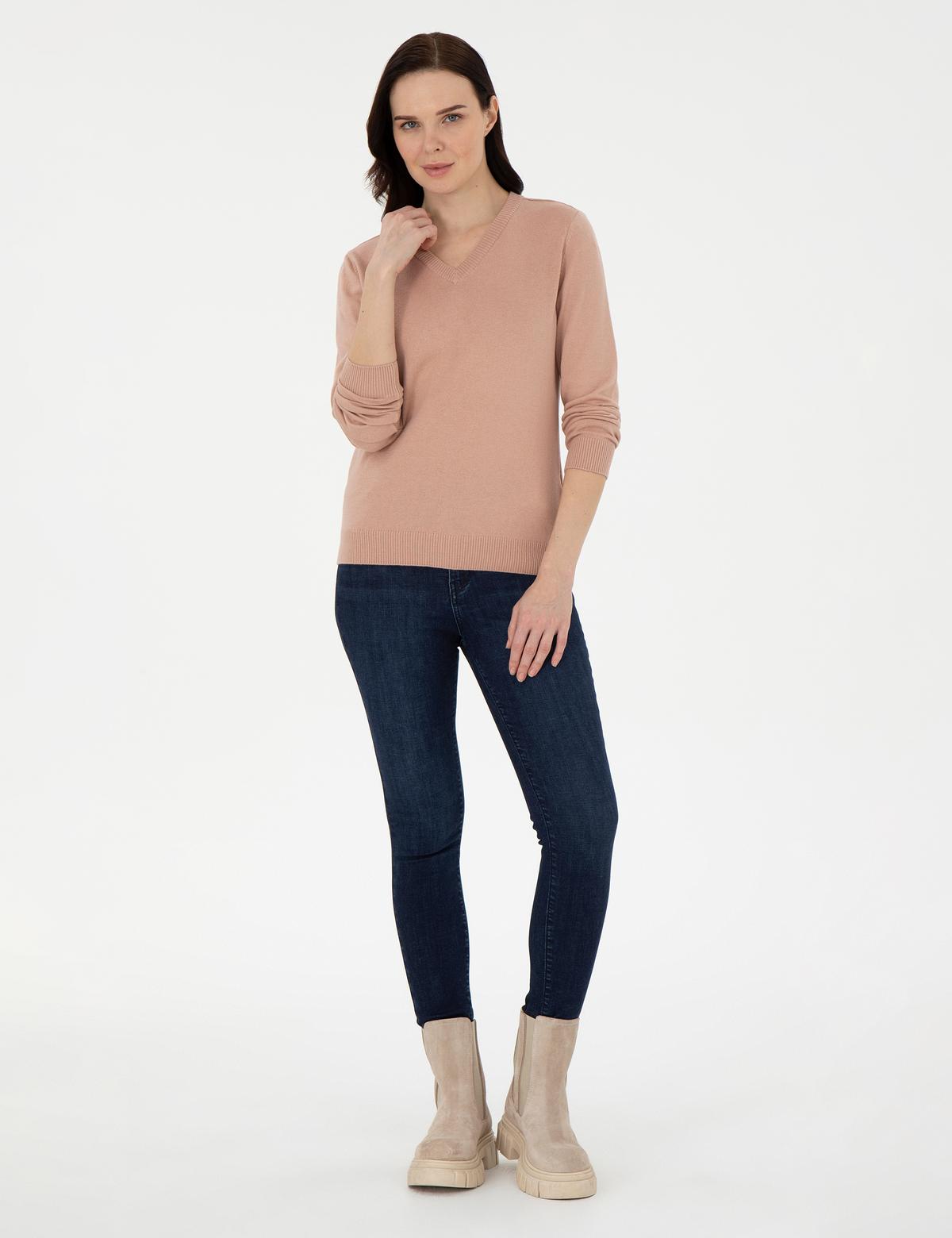 Pudra Slim Fit V Yaka Basic Kazak - 50300803056