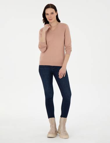 Pudra Slim Fit V Yaka Basic Kazak