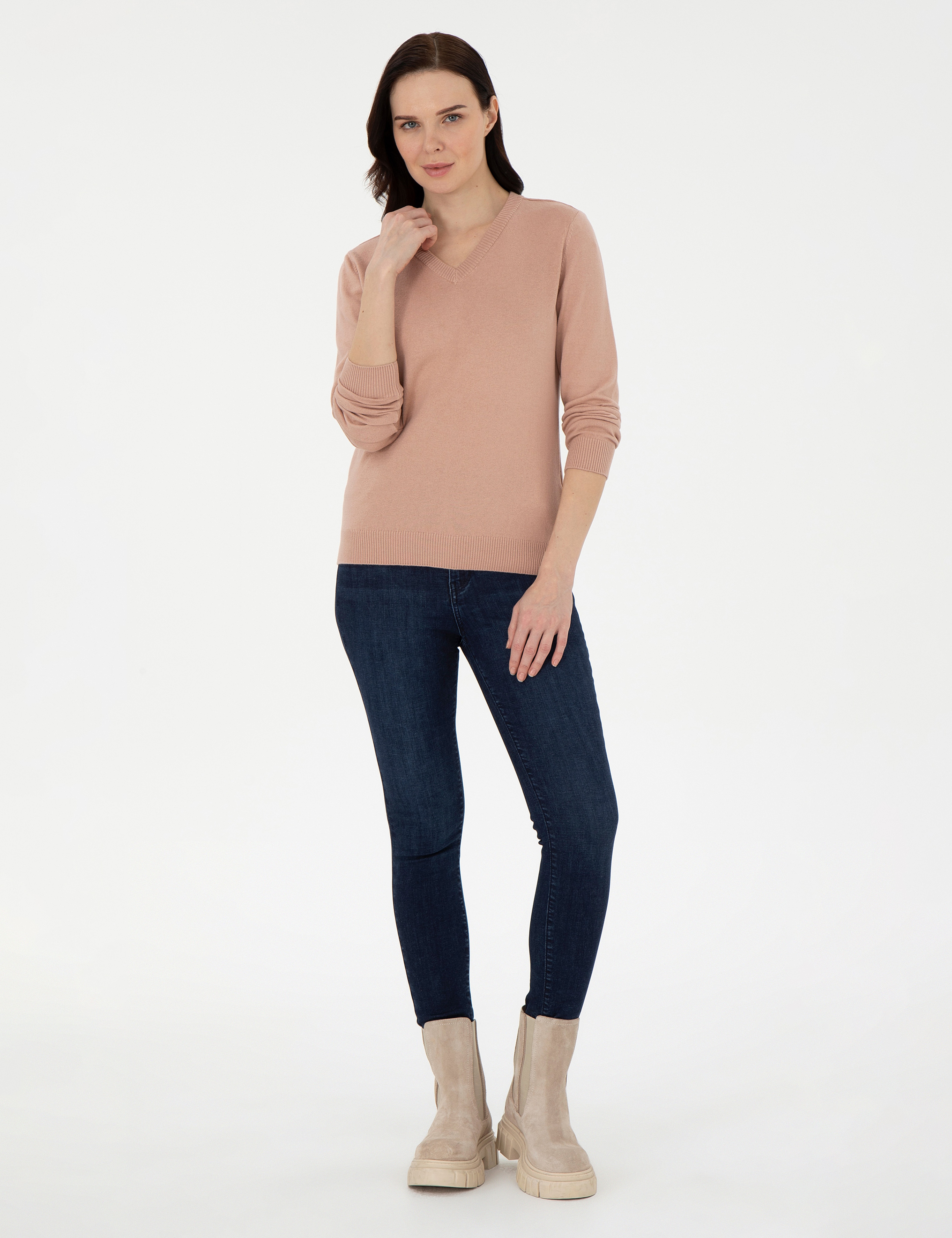 Pudra Slim Fit V Yaka Basic Kazak