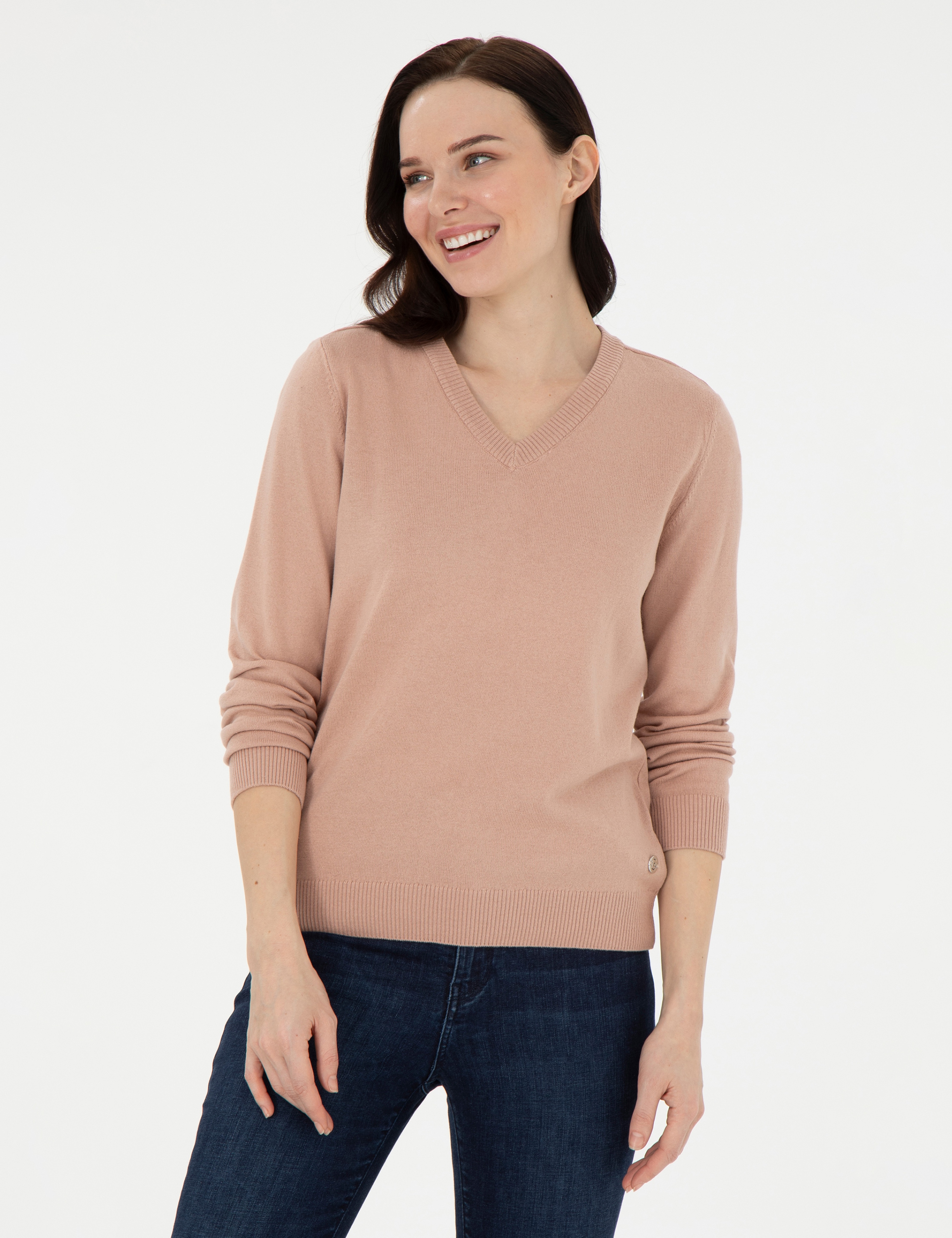 Pudra Slim Fit V Yaka Basic Kazak - Image 1