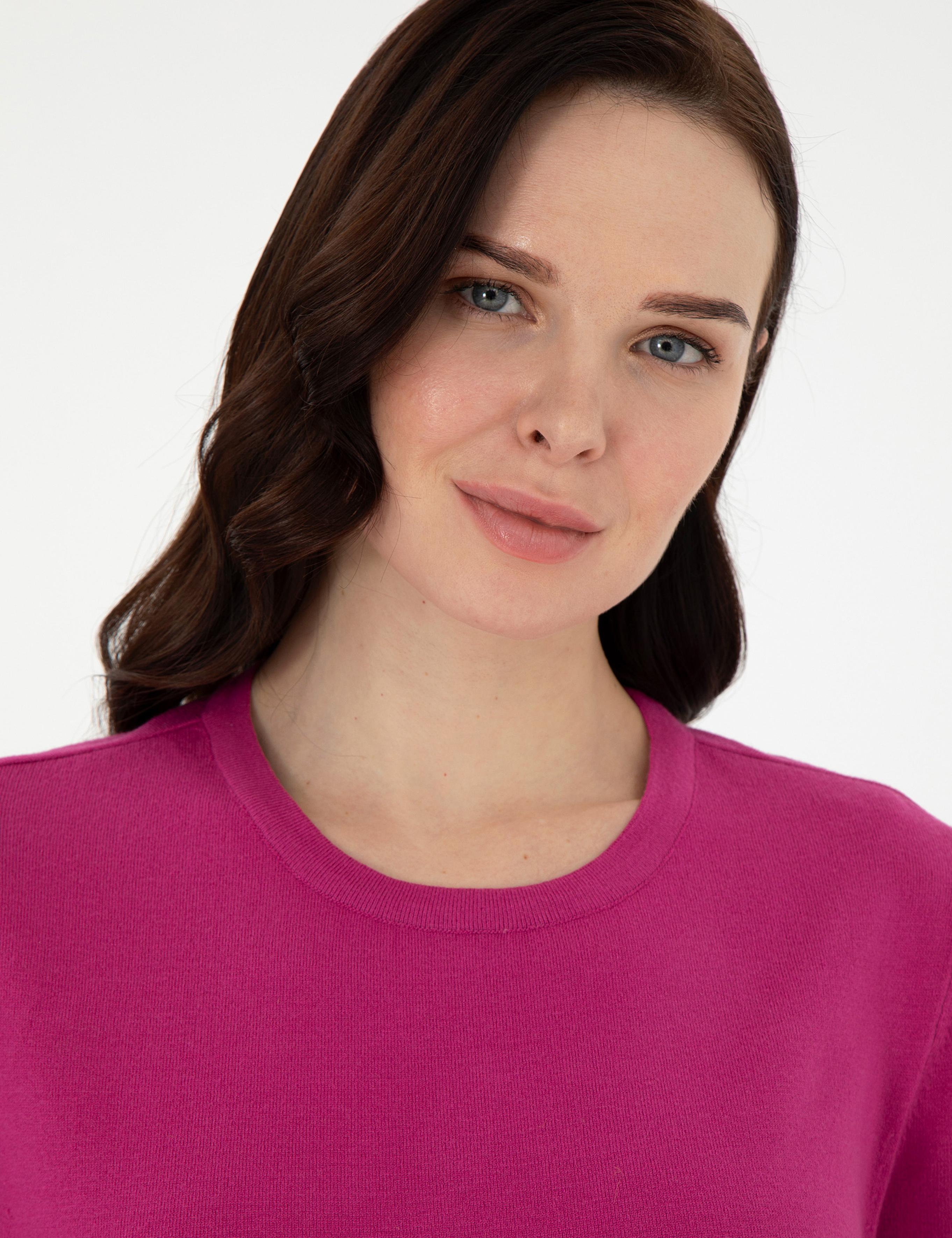 Fuşya Slim Fit Basic Kazak