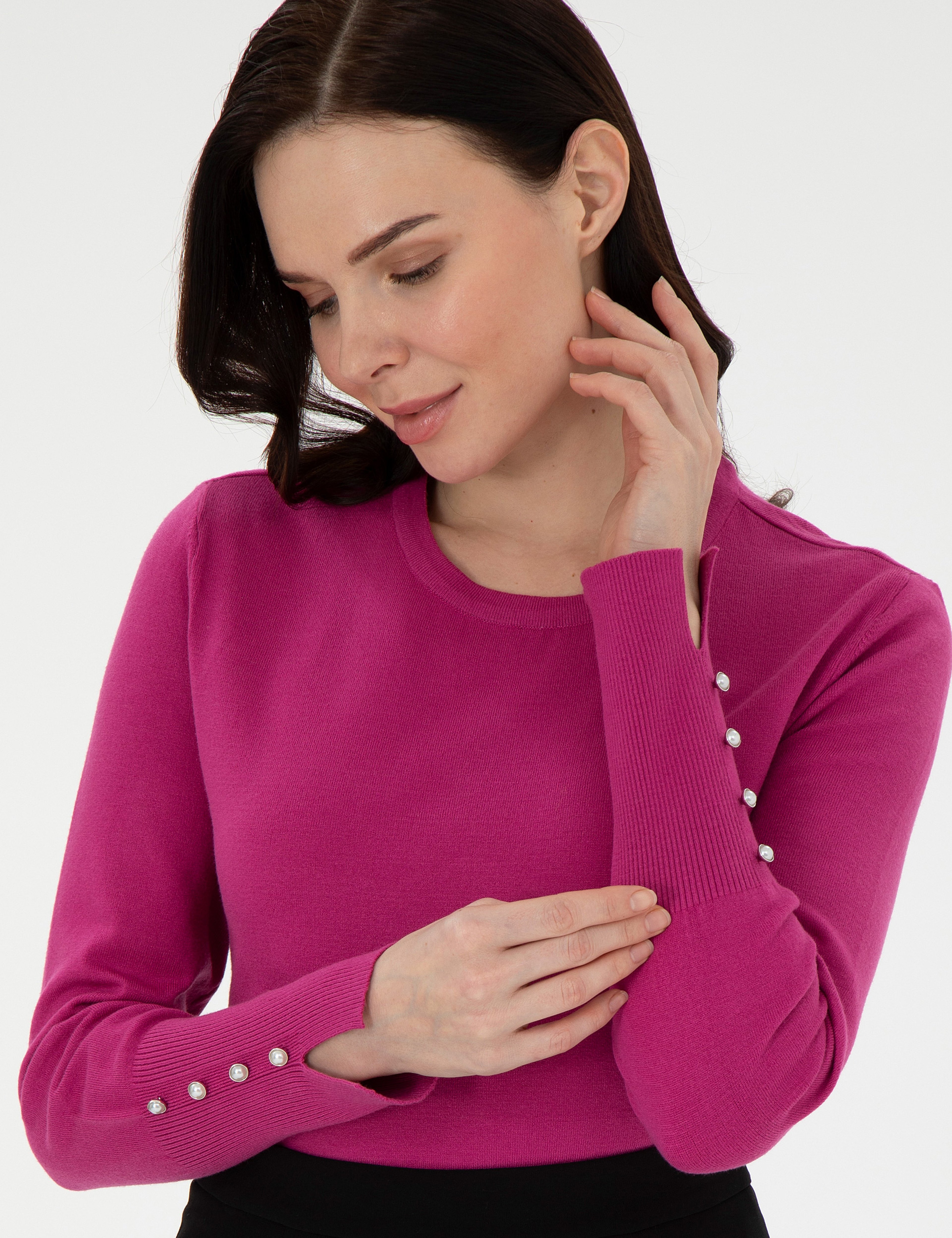 Fuşya Slim Fit Basic Kazak - Image 3