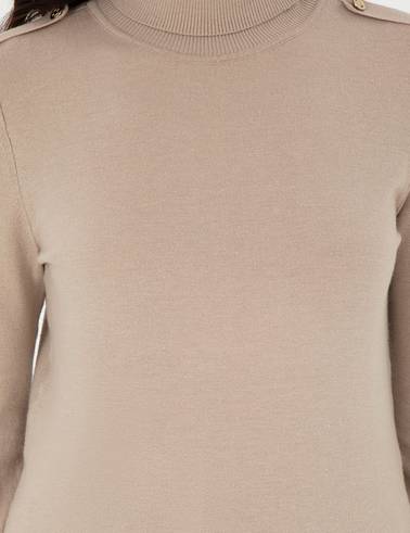 Bej Slim Fit Balıkçı Yaka Basic Kazak