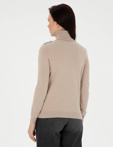 Bej Slim Fit Balıkçı Yaka Basic Kazak