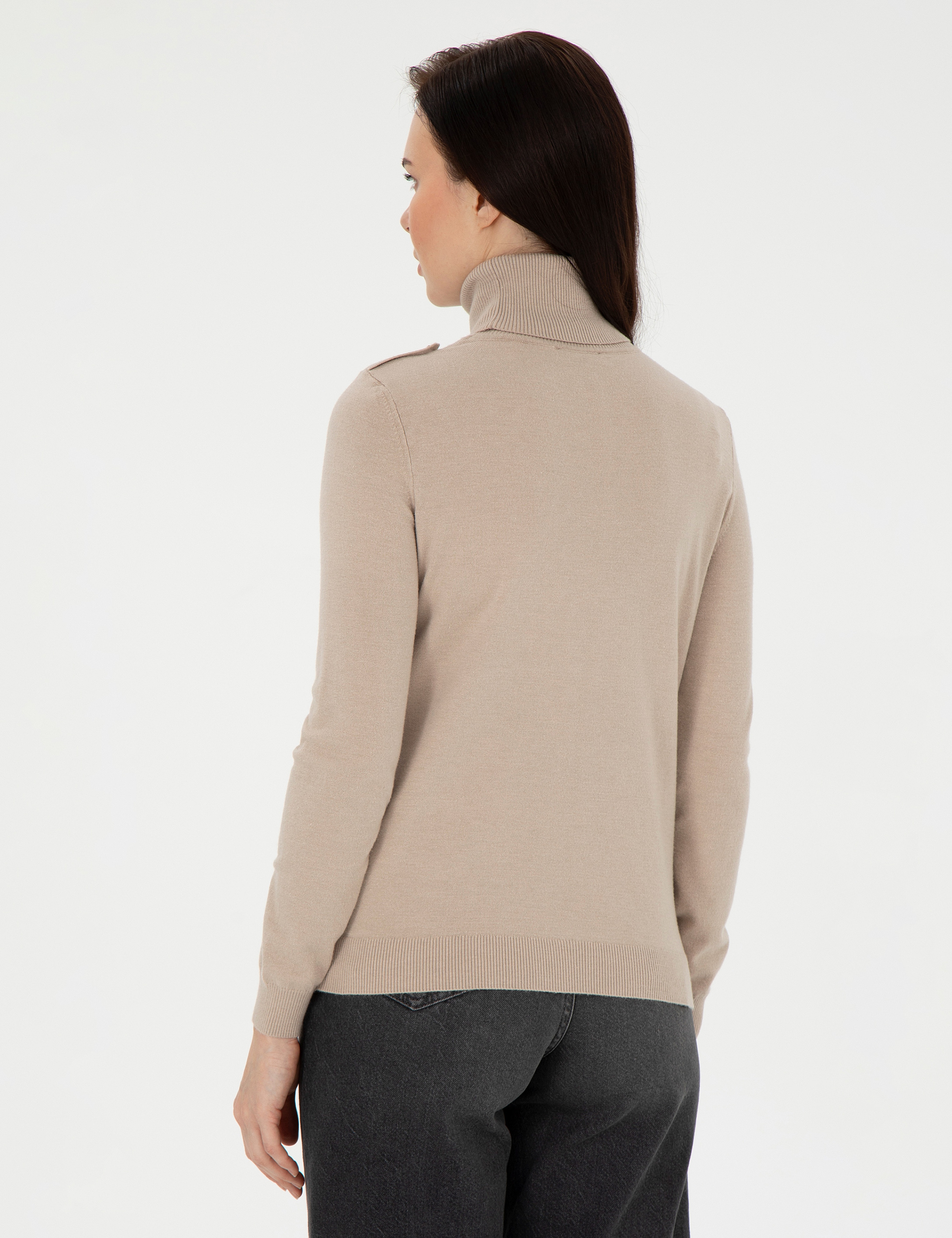 Bej Slim Fit Balıkçı Yaka Basic Kazak - Image 5