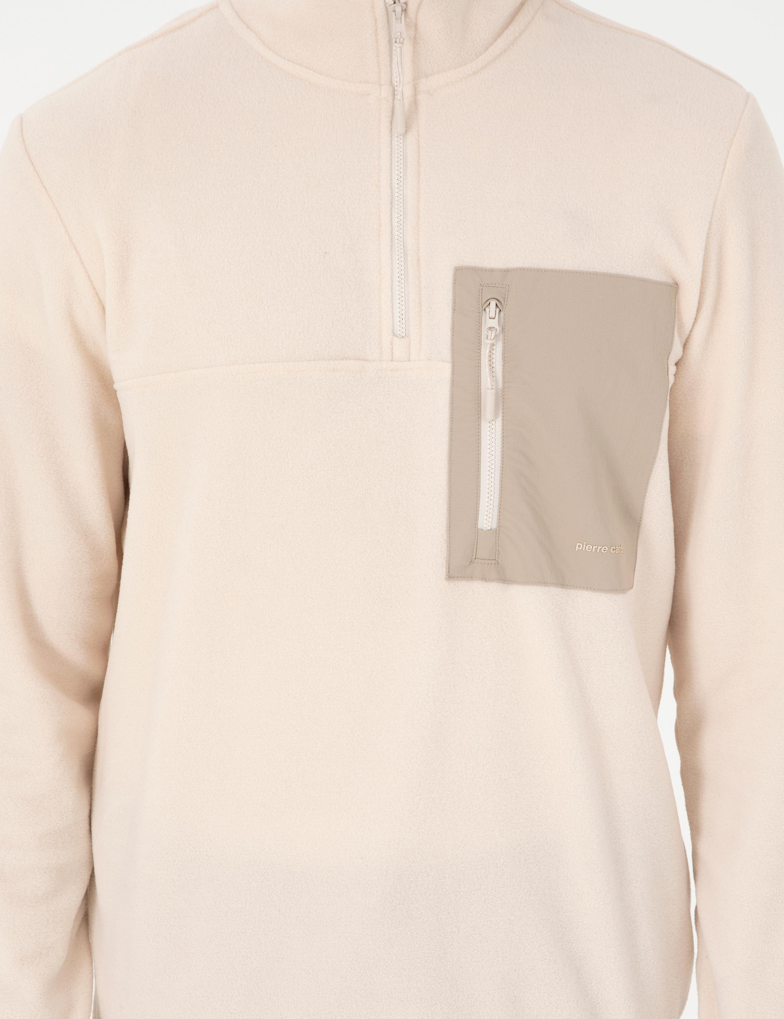 Bej Regular Fit Yarım Fermuarlı Polar Sweatshirt