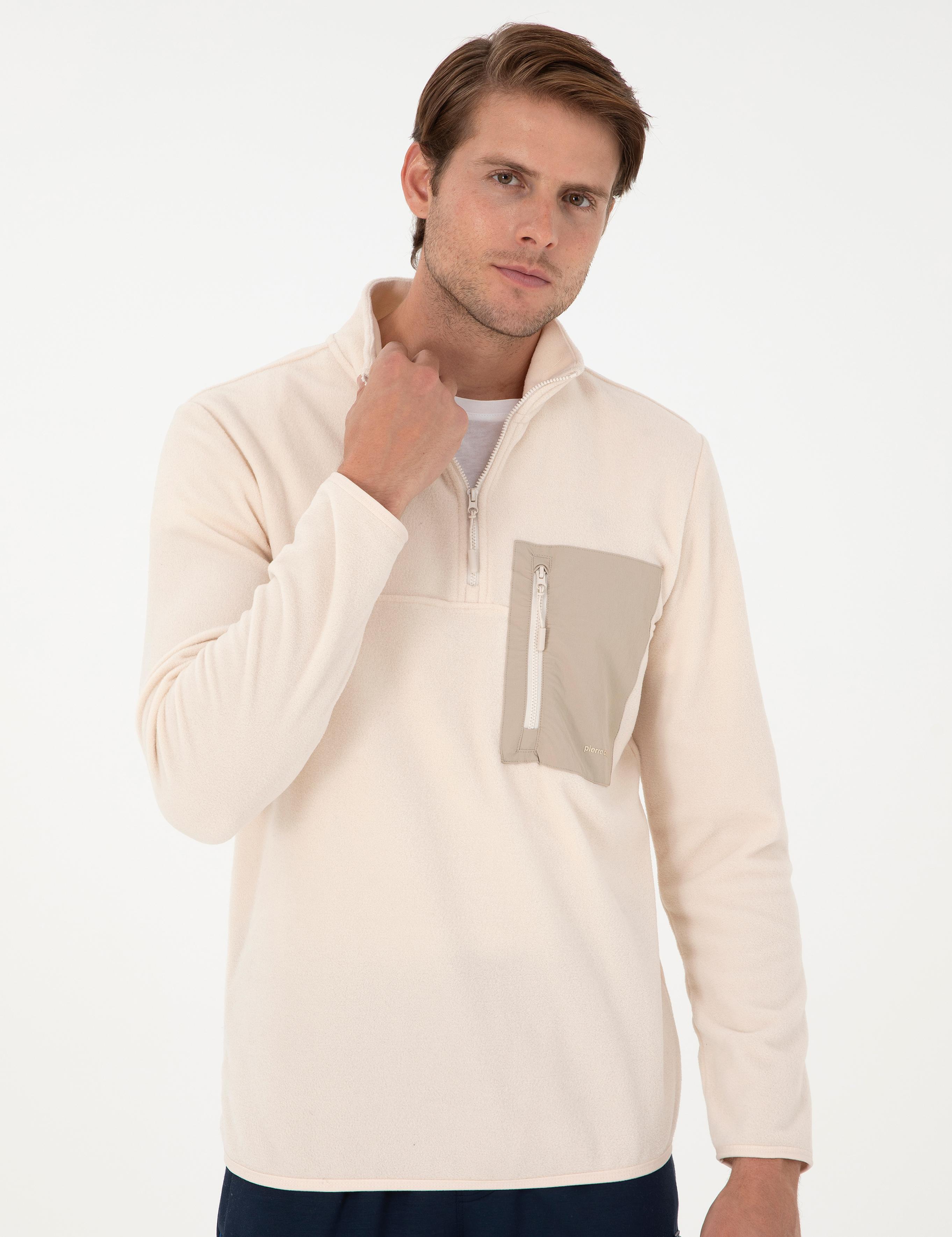 Bej Regular Fit Yarım Fermuarlı Polar Sweatshirt