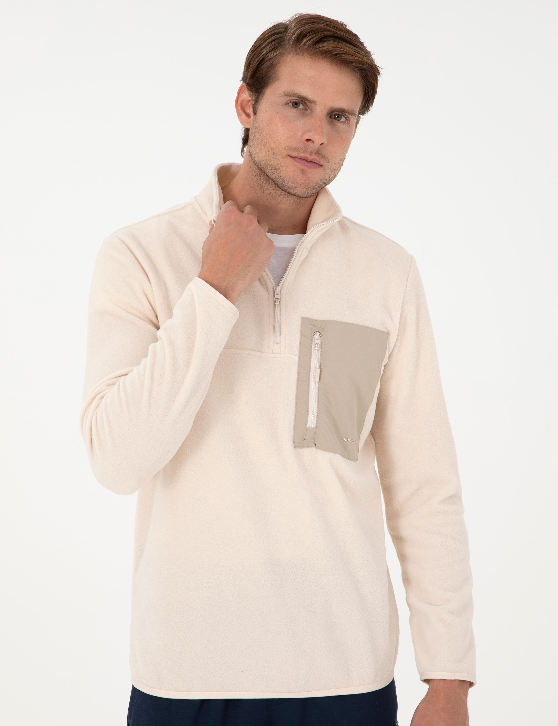 Bej Regular Fit Yarım Fermuarlı Polar Sweatshirt - Image 3