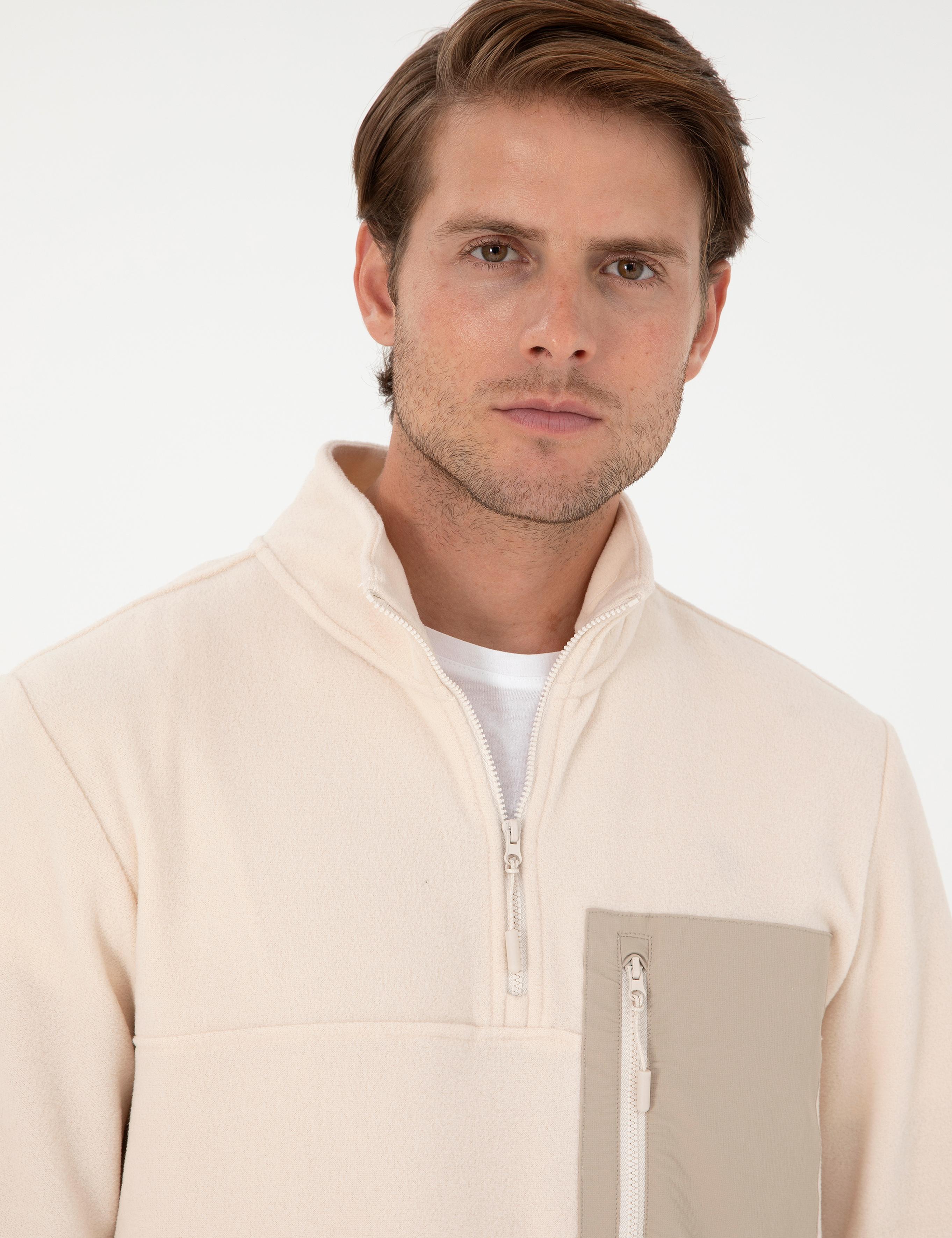 Bej Regular Fit Yarım Fermuarlı Polar Sweatshirt