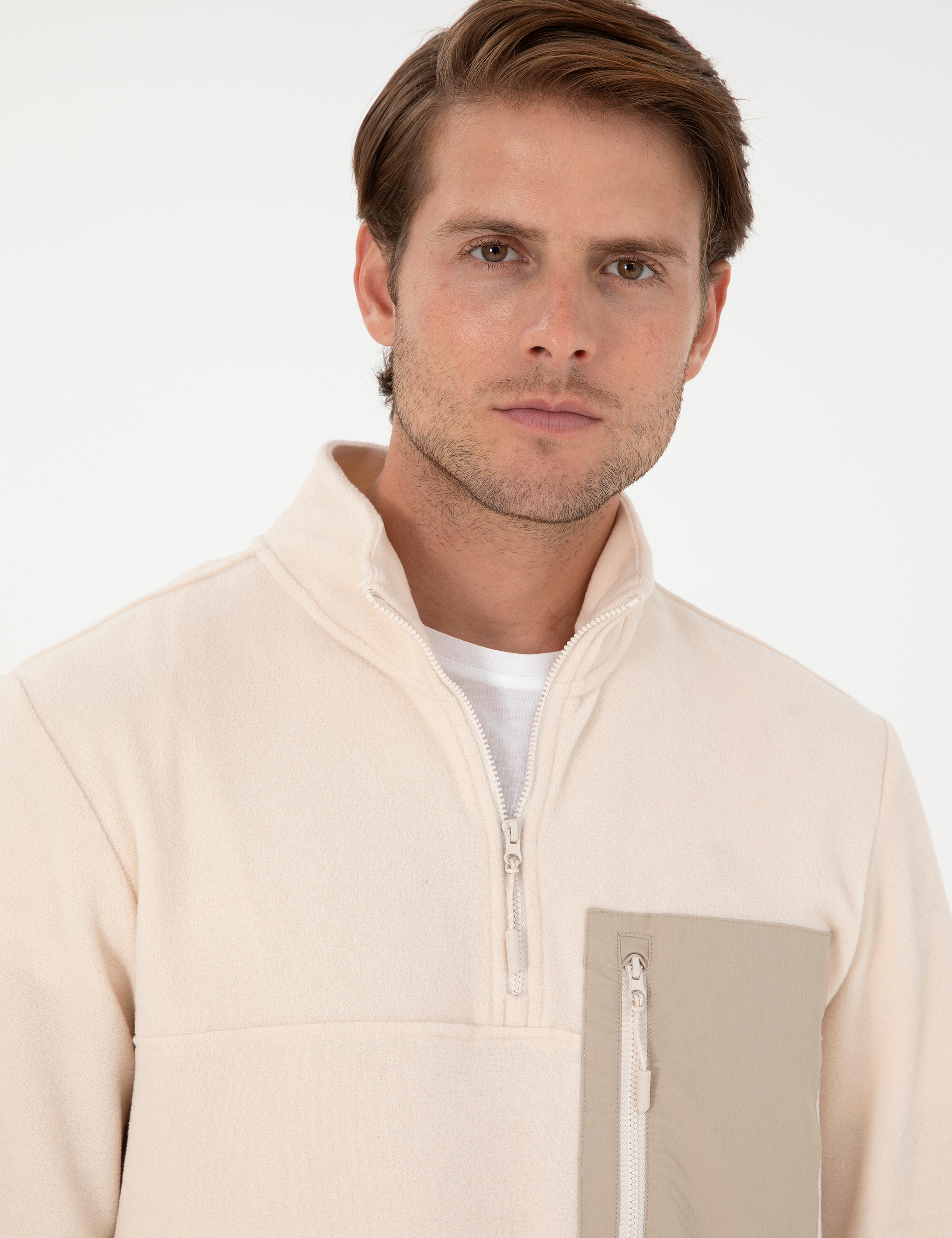 Bej Regular Fit Yarım Fermuarlı Polar Sweatshirt - Image 2