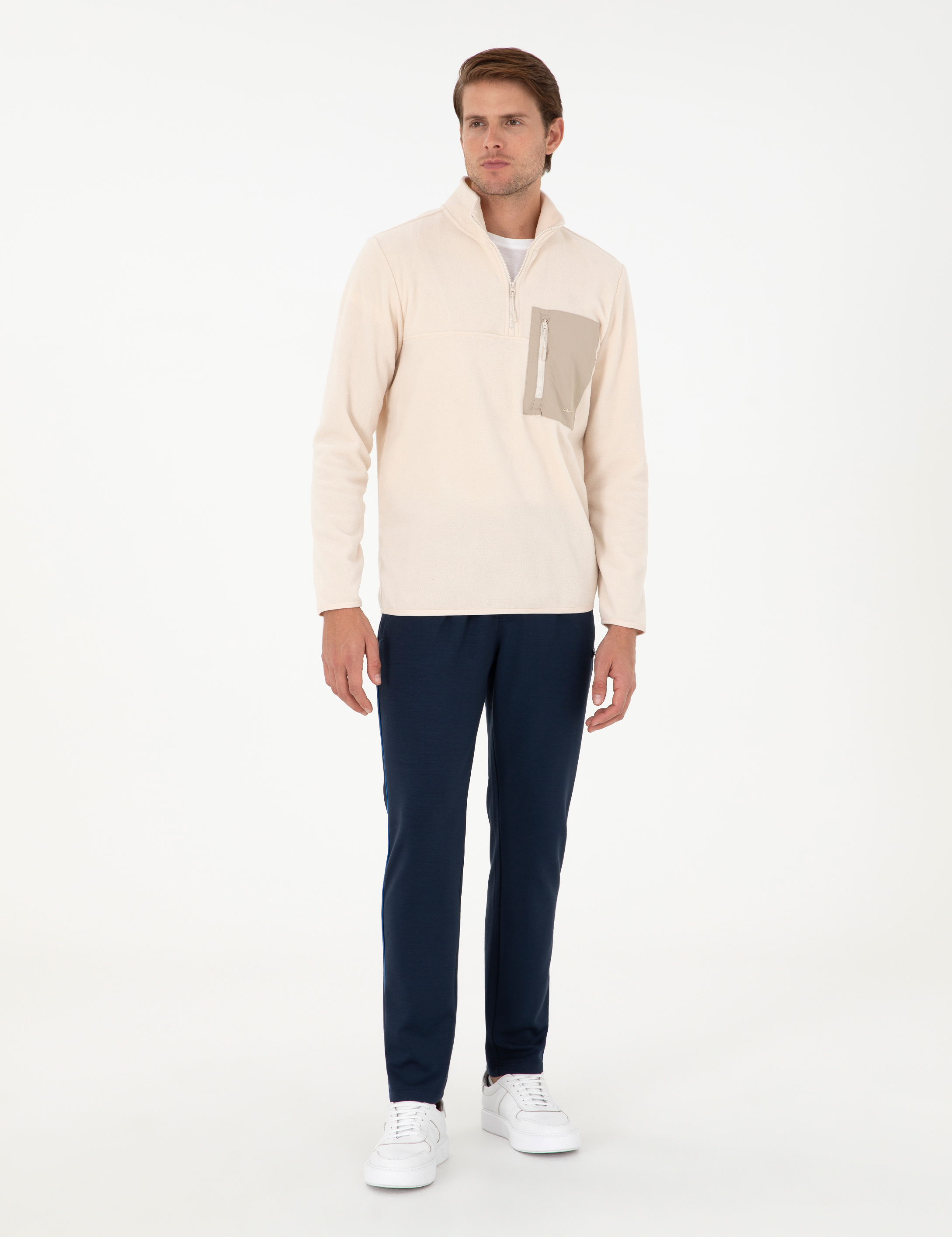 Bej Regular Fit Yarım Fermuarlı Polar Sweatshirt