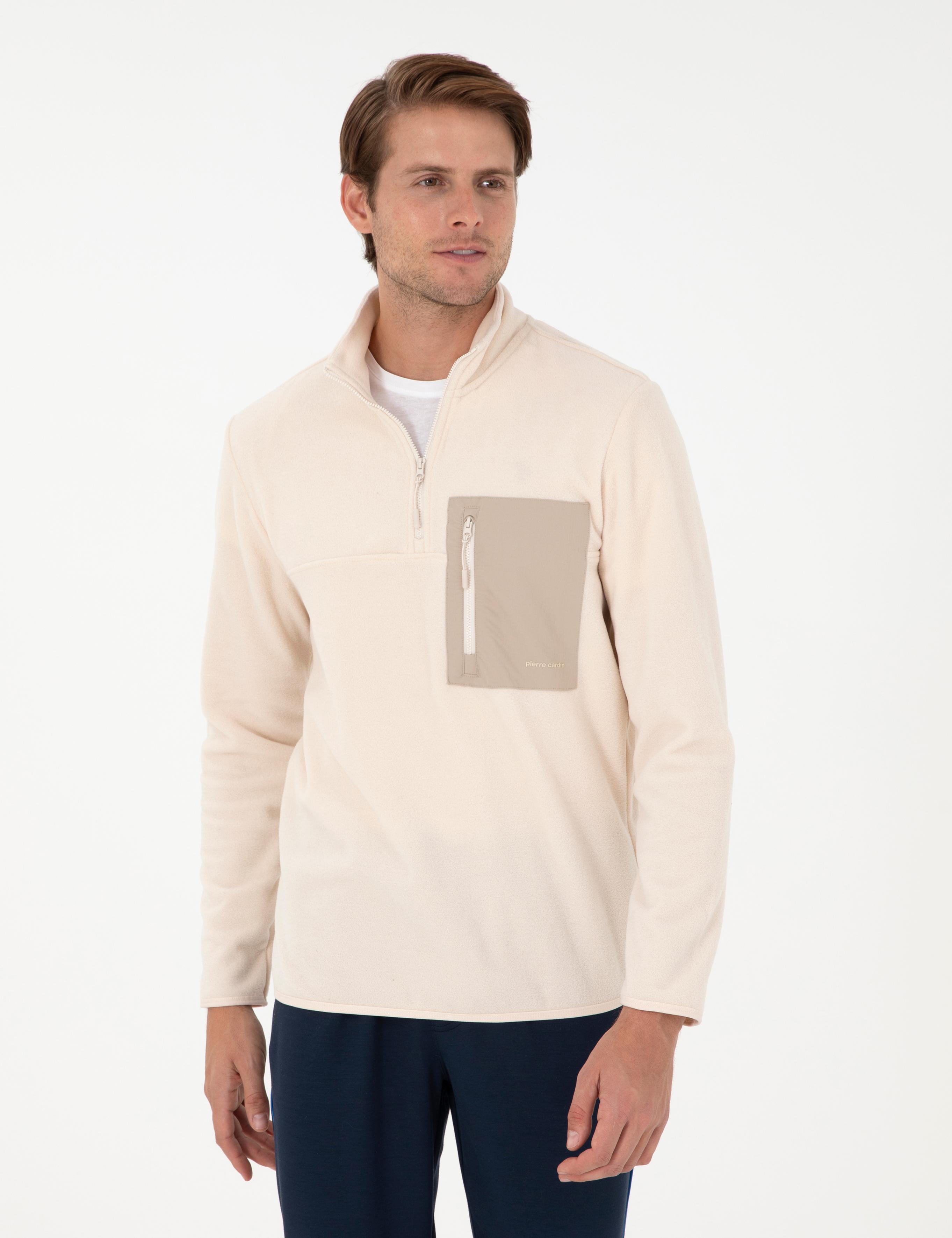 Bej Regular Fit Yarım Fermuarlı Polar Sweatshirt