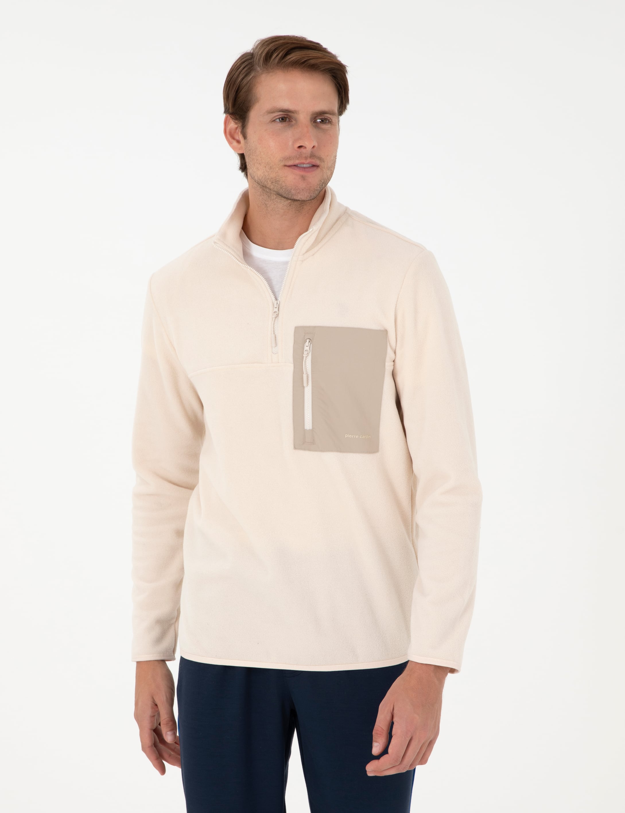Bej Regular Fit Yarım Fermuarlı Polar Sweatshirt