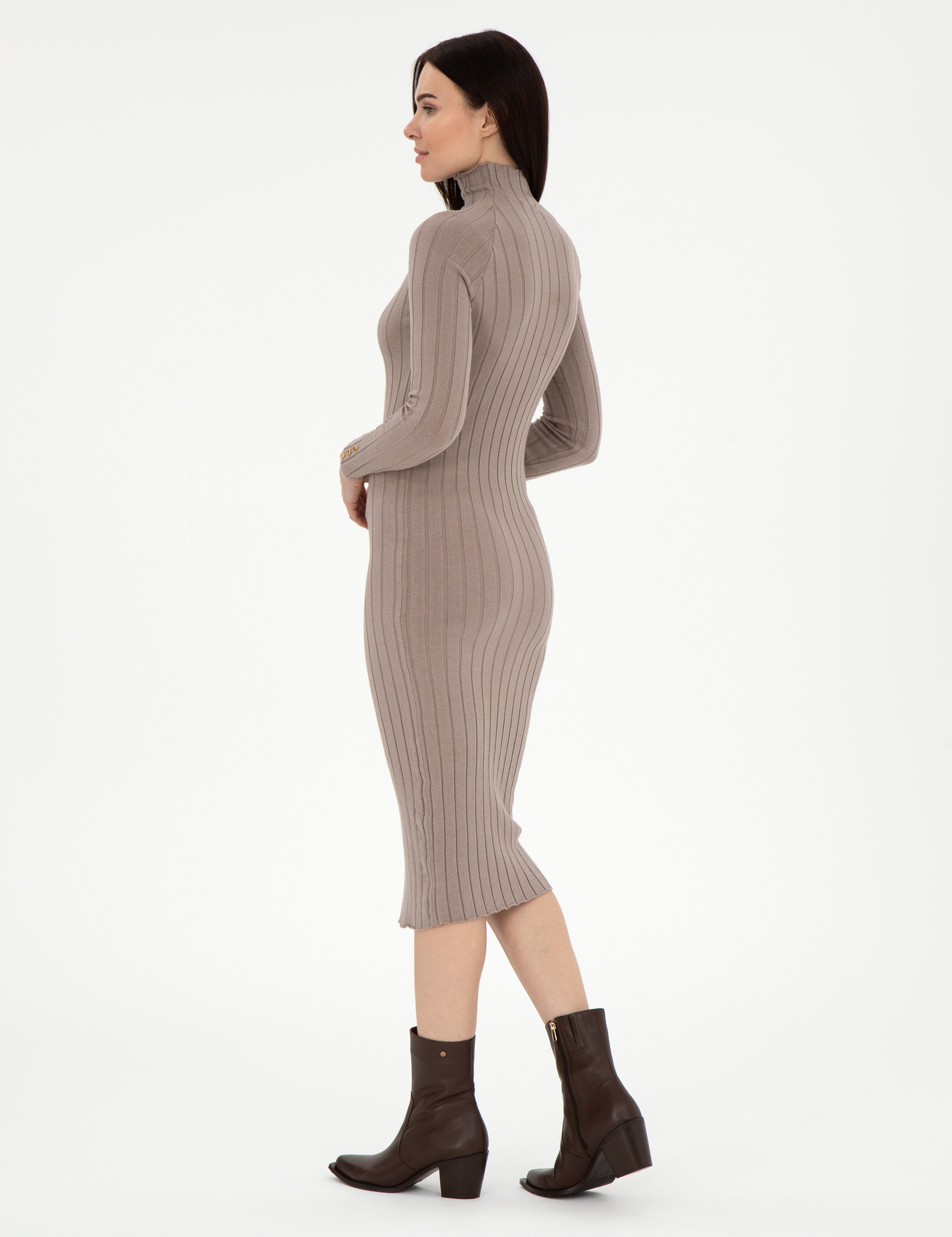 Krem Melanj Extra Slim Fit Triko Elbise - Image 4