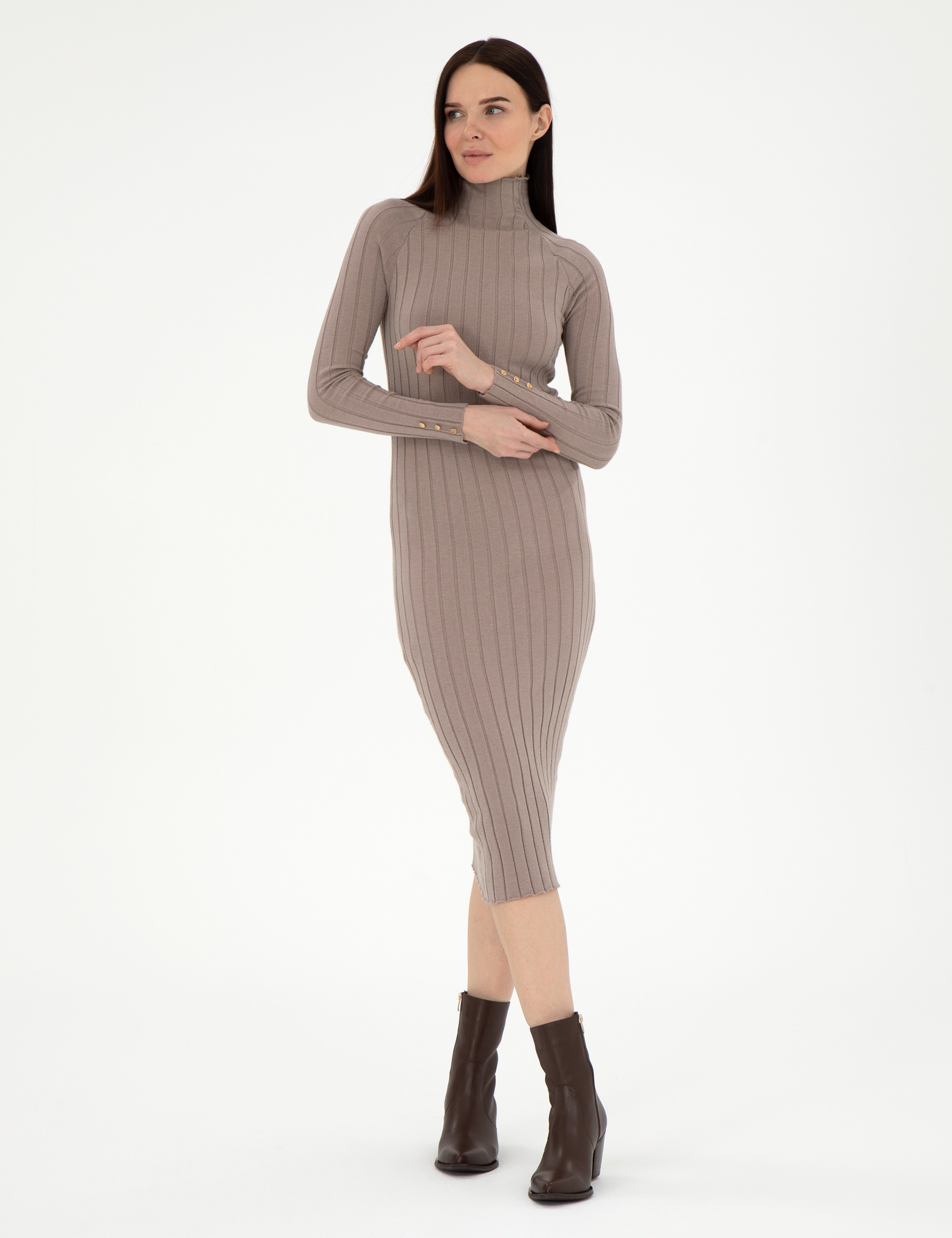 Krem Melanj Extra Slim Fit Triko Elbise - Image 3