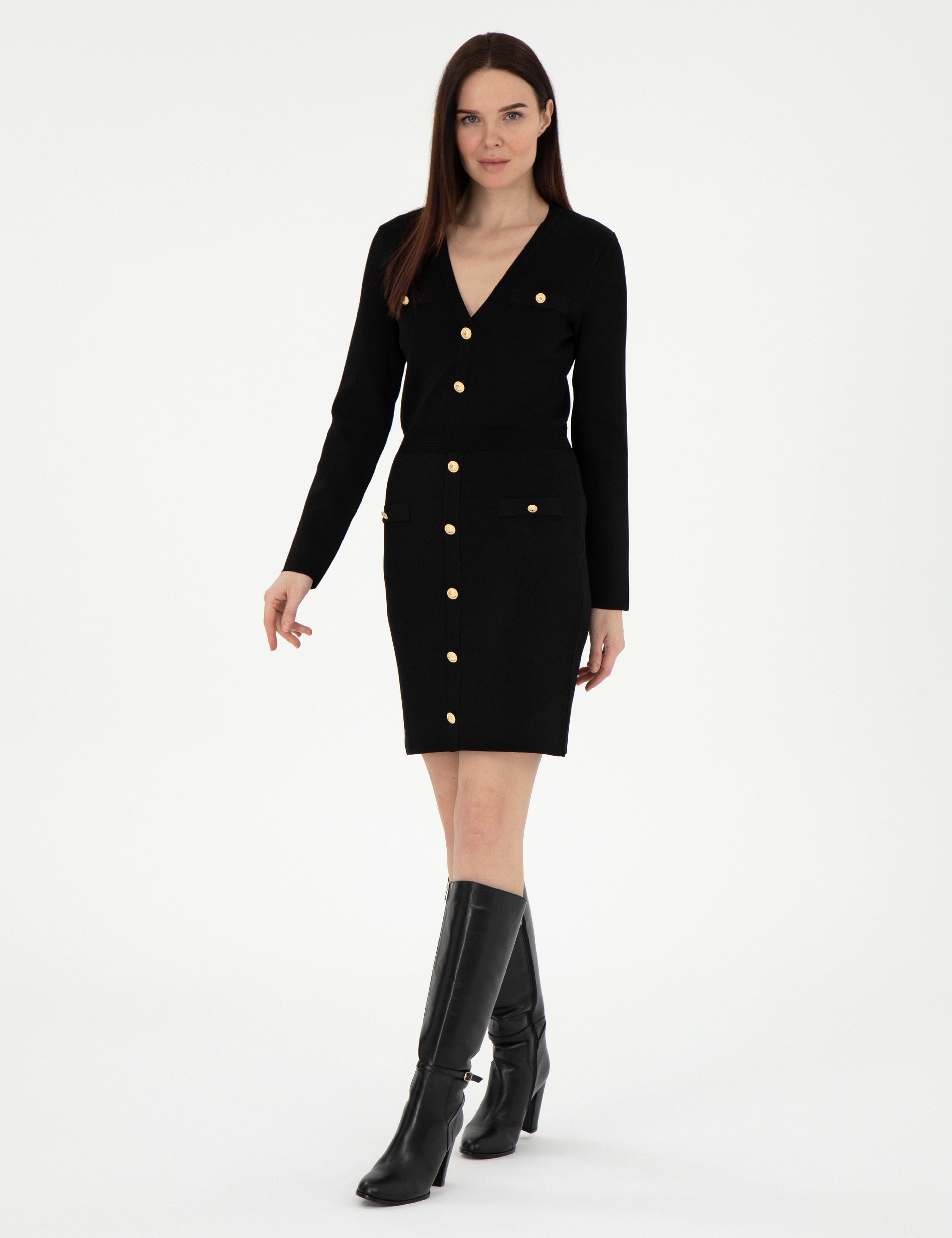 Siyah Slim Fit Triko Elbise - Image 3