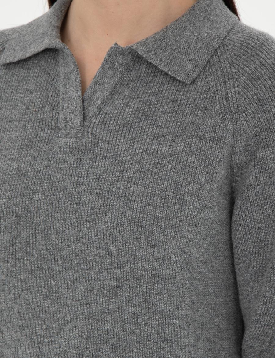 Gri Melanj Yün Regular Fit Polo Yaka Kazak