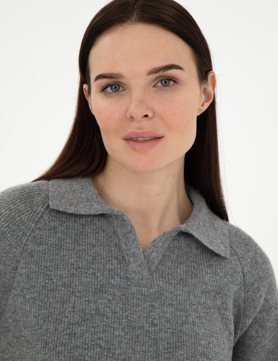 Gri Melanj Yün Regular Fit Polo Yaka Kazak