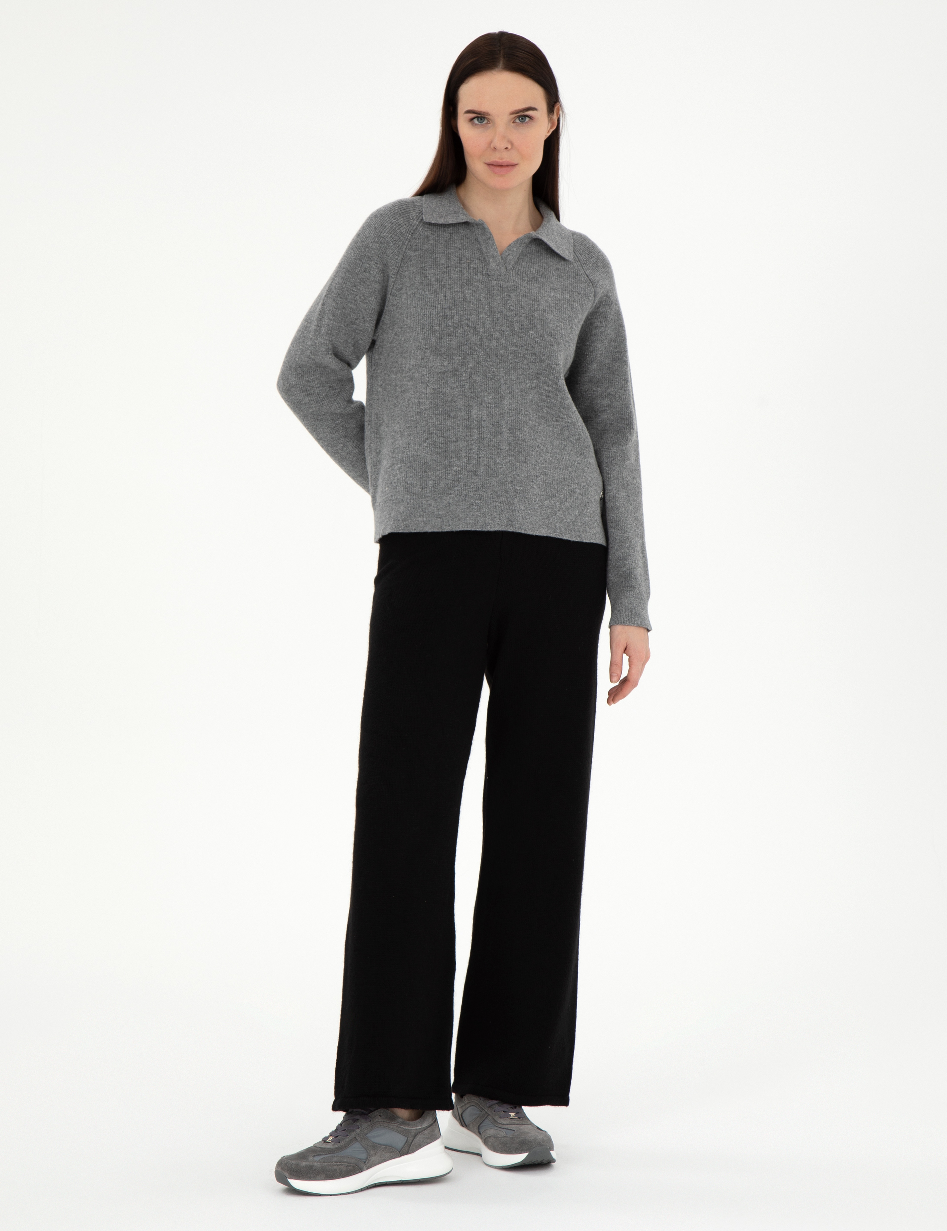 Gri Melanj Yün Regular Fit Polo Yaka Kazak - Image 4