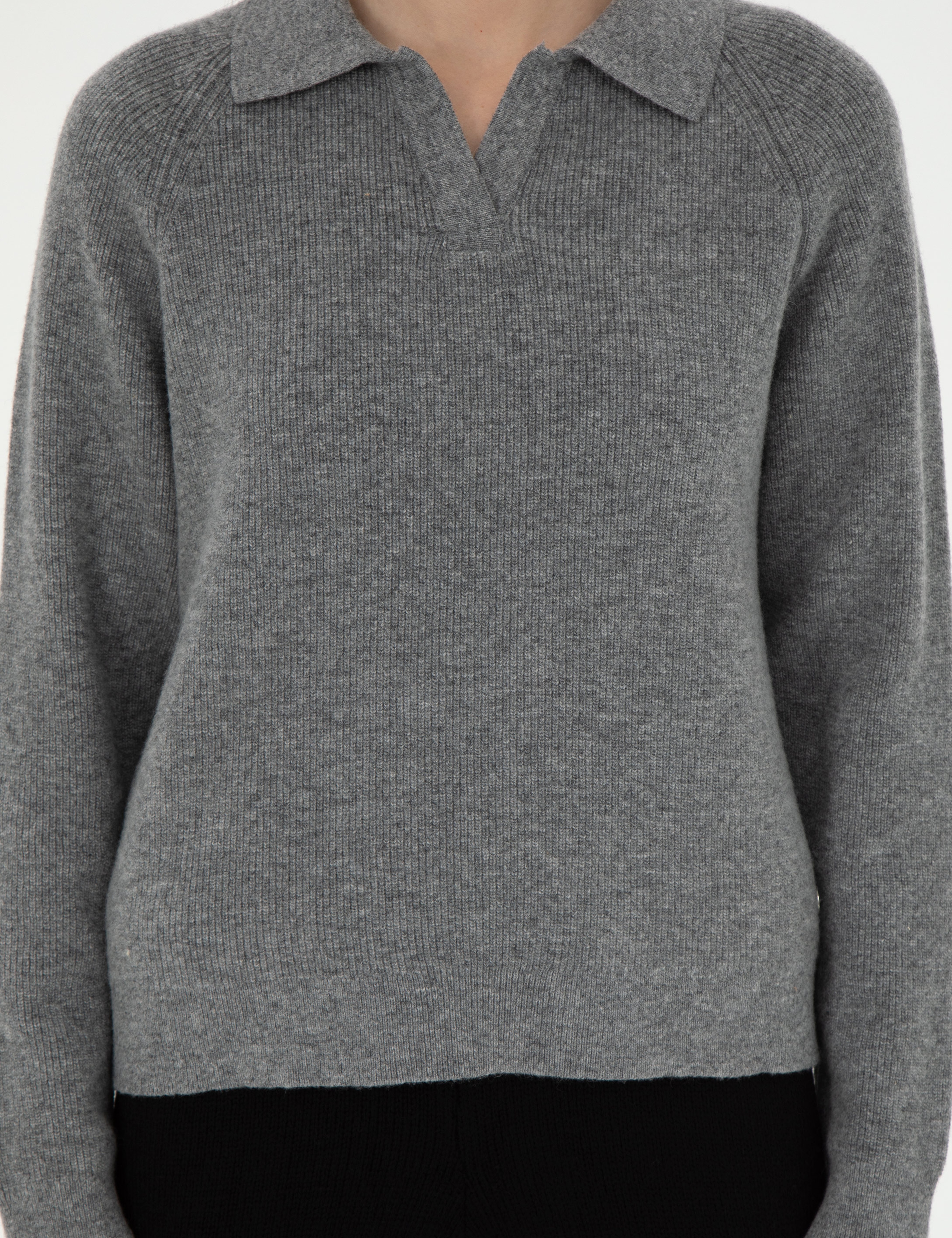 Gri Melanj Yün Regular Fit Polo Yaka Kazak - Image 6