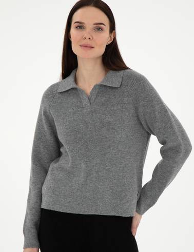 Gri Melanj Yün Regular Fit Polo Yaka Kazak