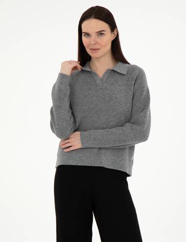 Gri Melanj Yün Regular Fit Polo Yaka Kazak