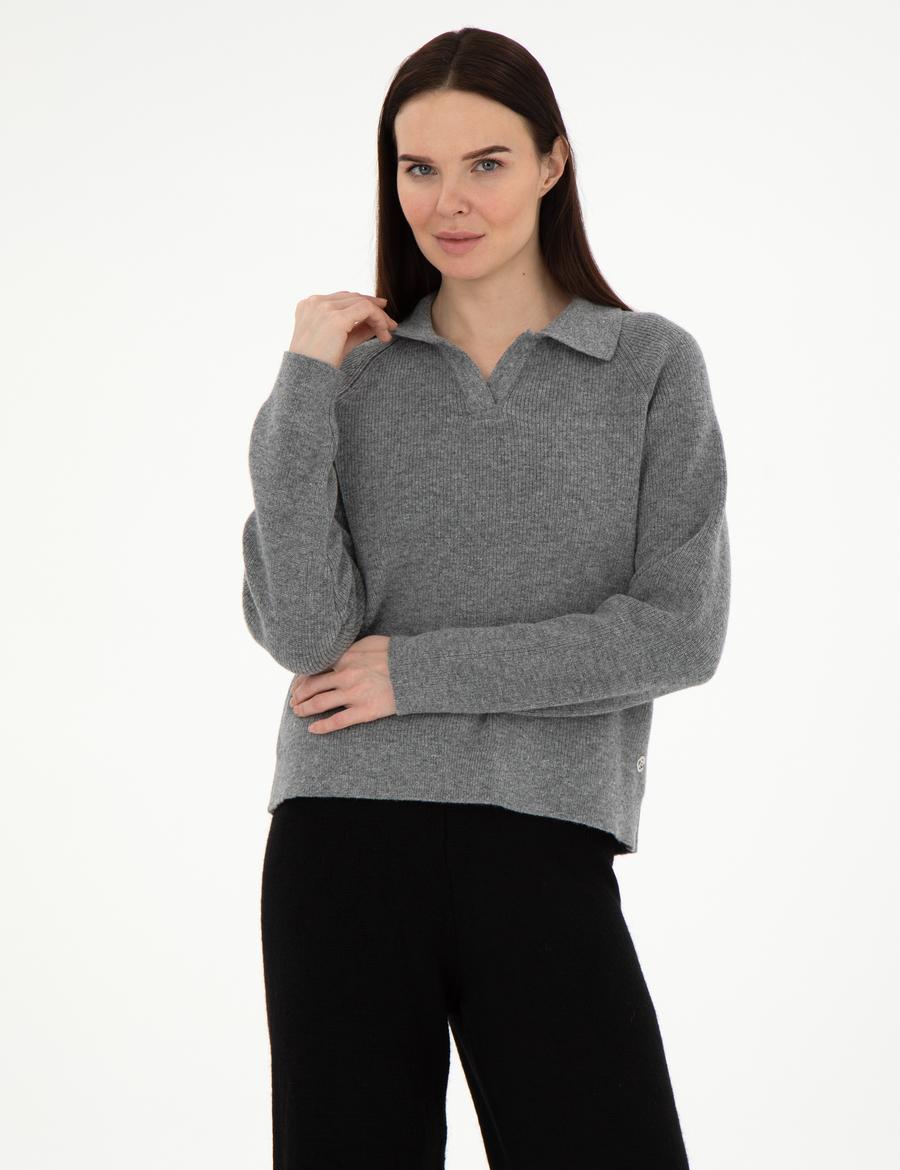 Gri Melanj Yün Regular Fit Polo Yaka Kazak