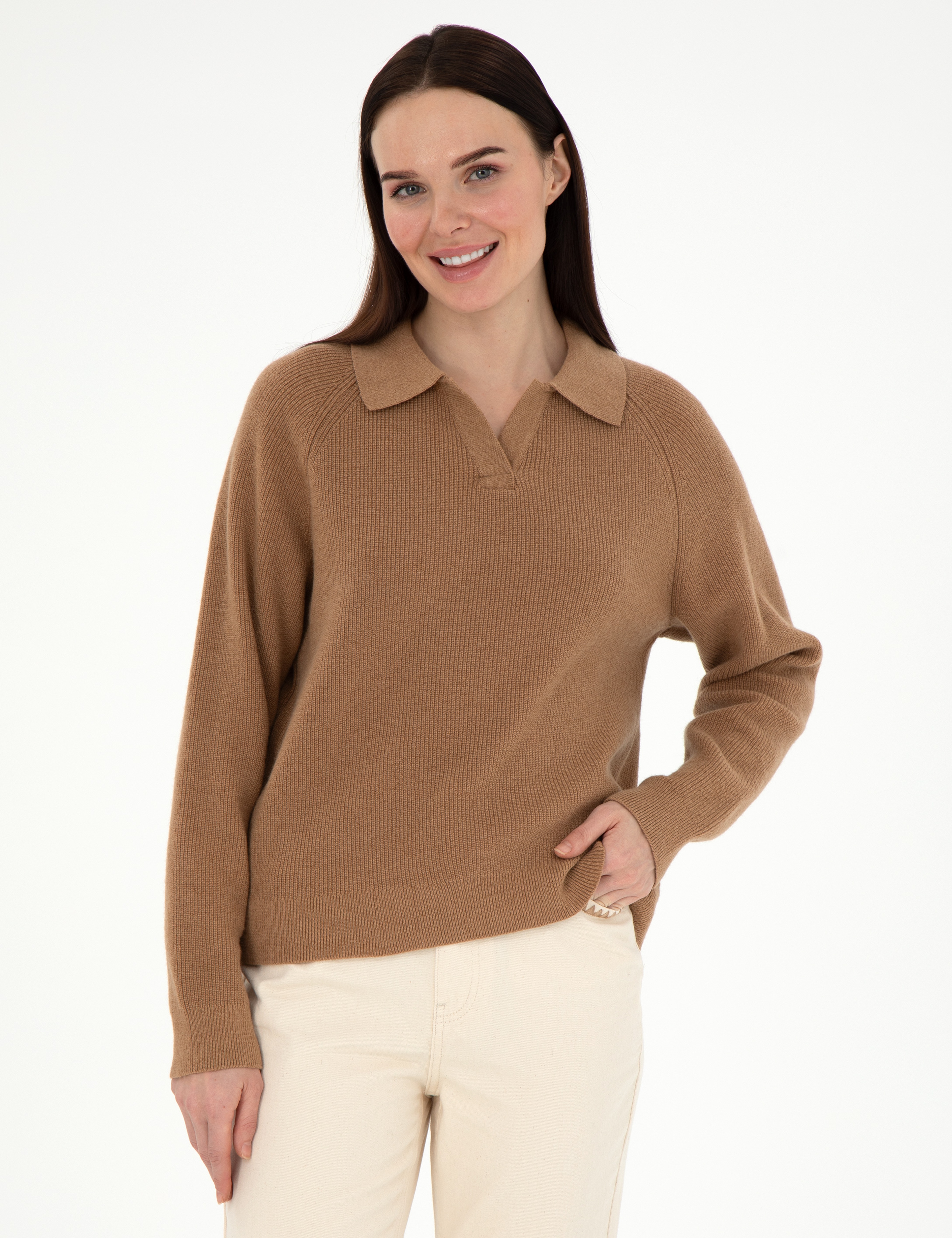Camel Yün Regular Fit Polo Yaka Kazak