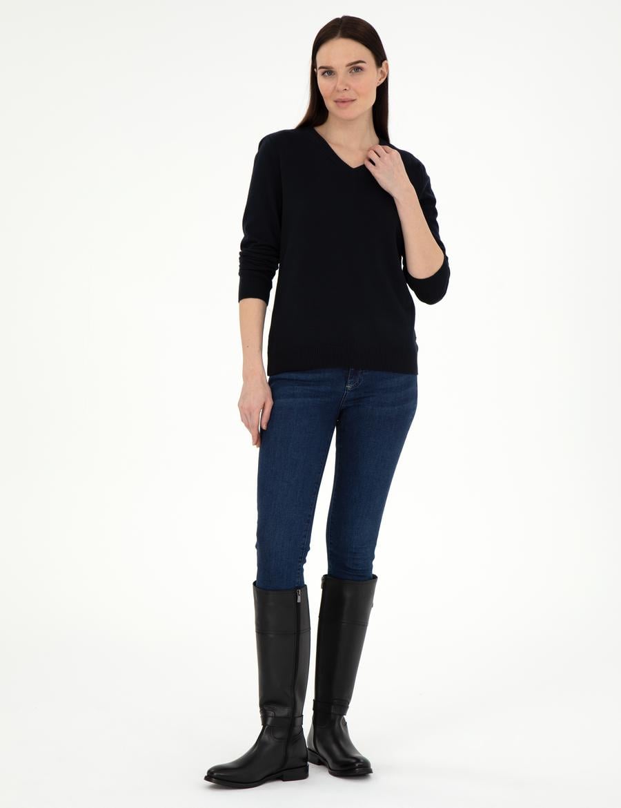 Lacivert Slim Fit V Yaka Basic Kazak