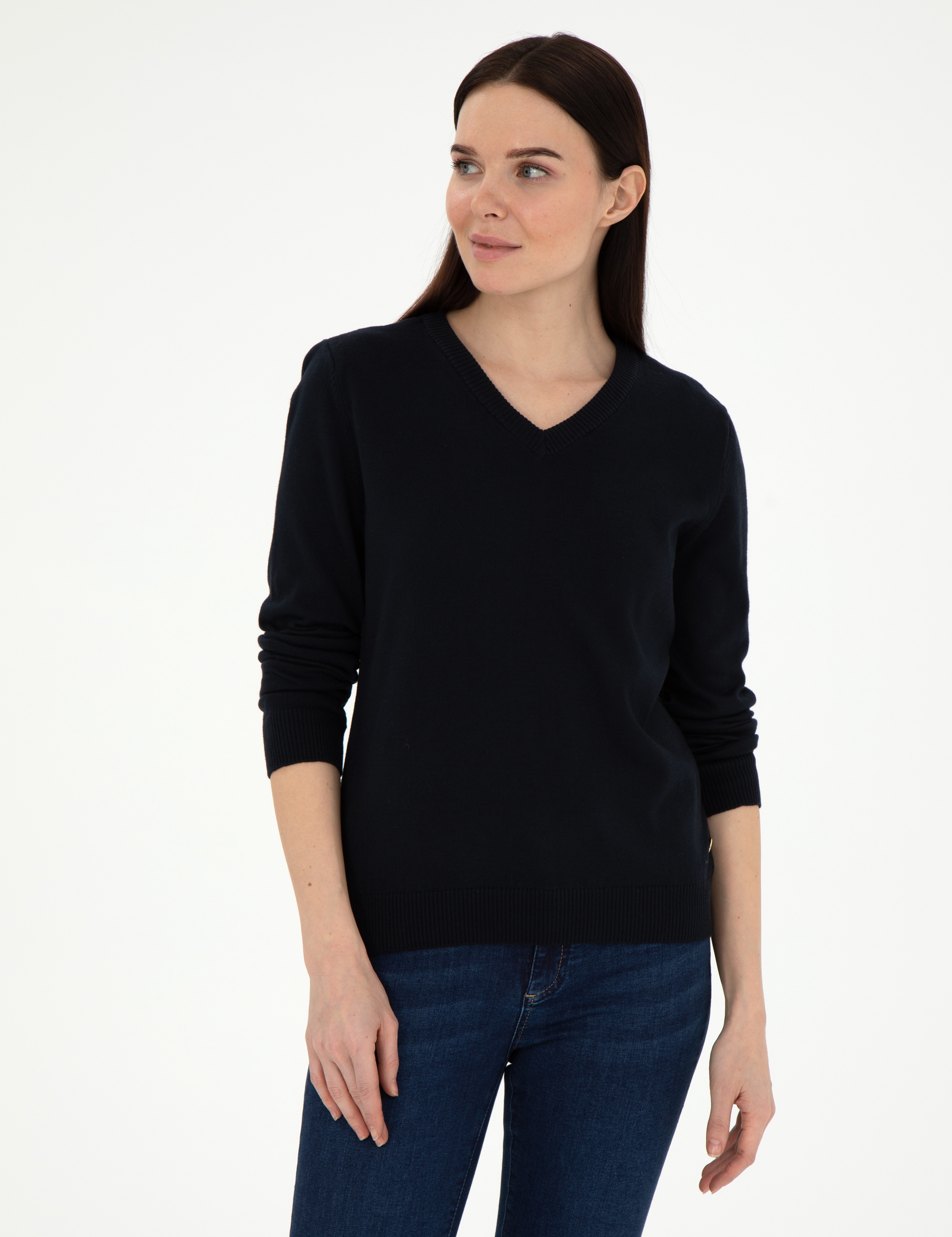 Lacivert Slim Fit V Yaka Basic Kazak - Image 2