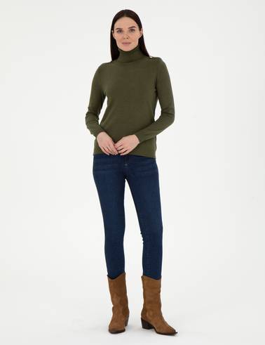 Haki Slim Fit Balıkçı Yaka Basic Kazak