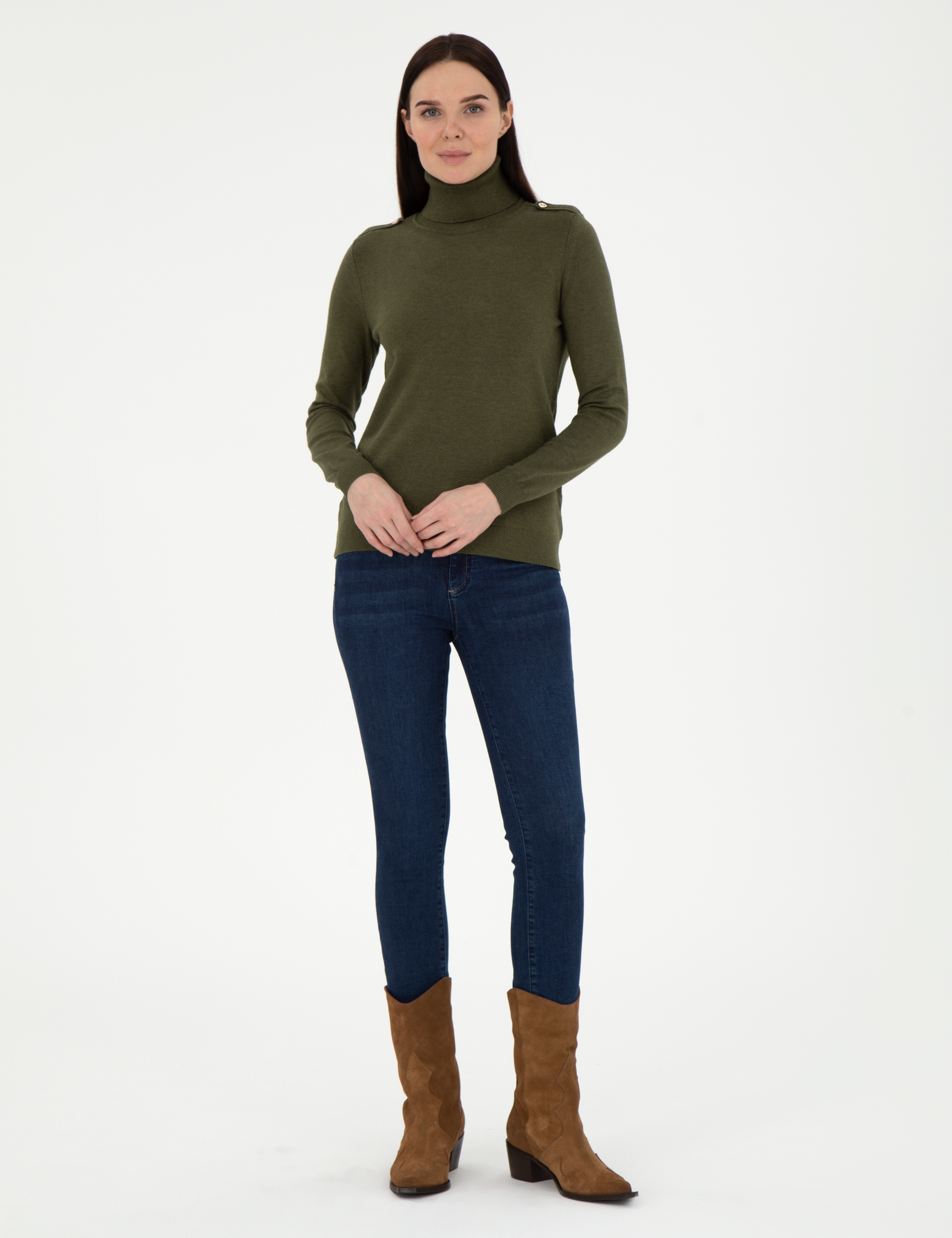 Haki Slim Fit Balıkçı Yaka Basic Kazak - Image 4