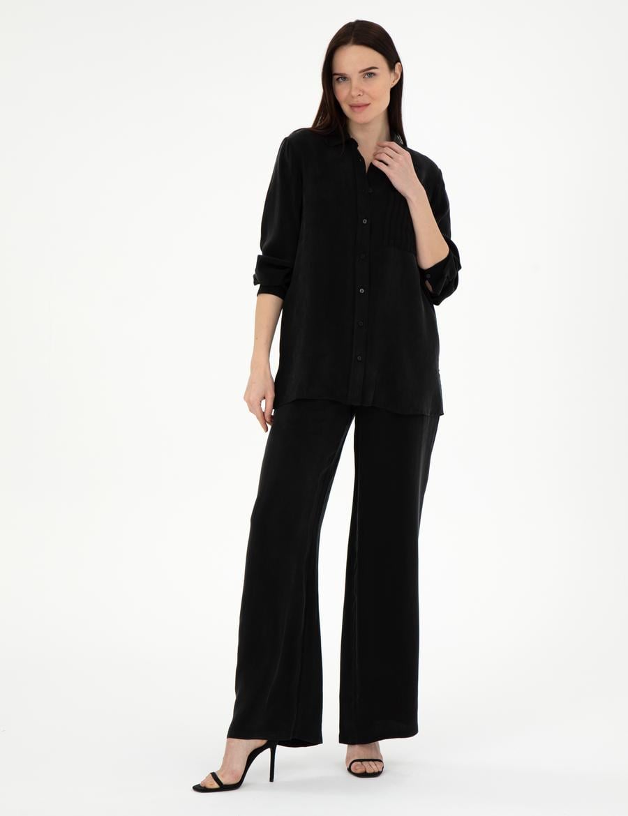 Siyah Kupro Kumaş Loose Fit Pantolon