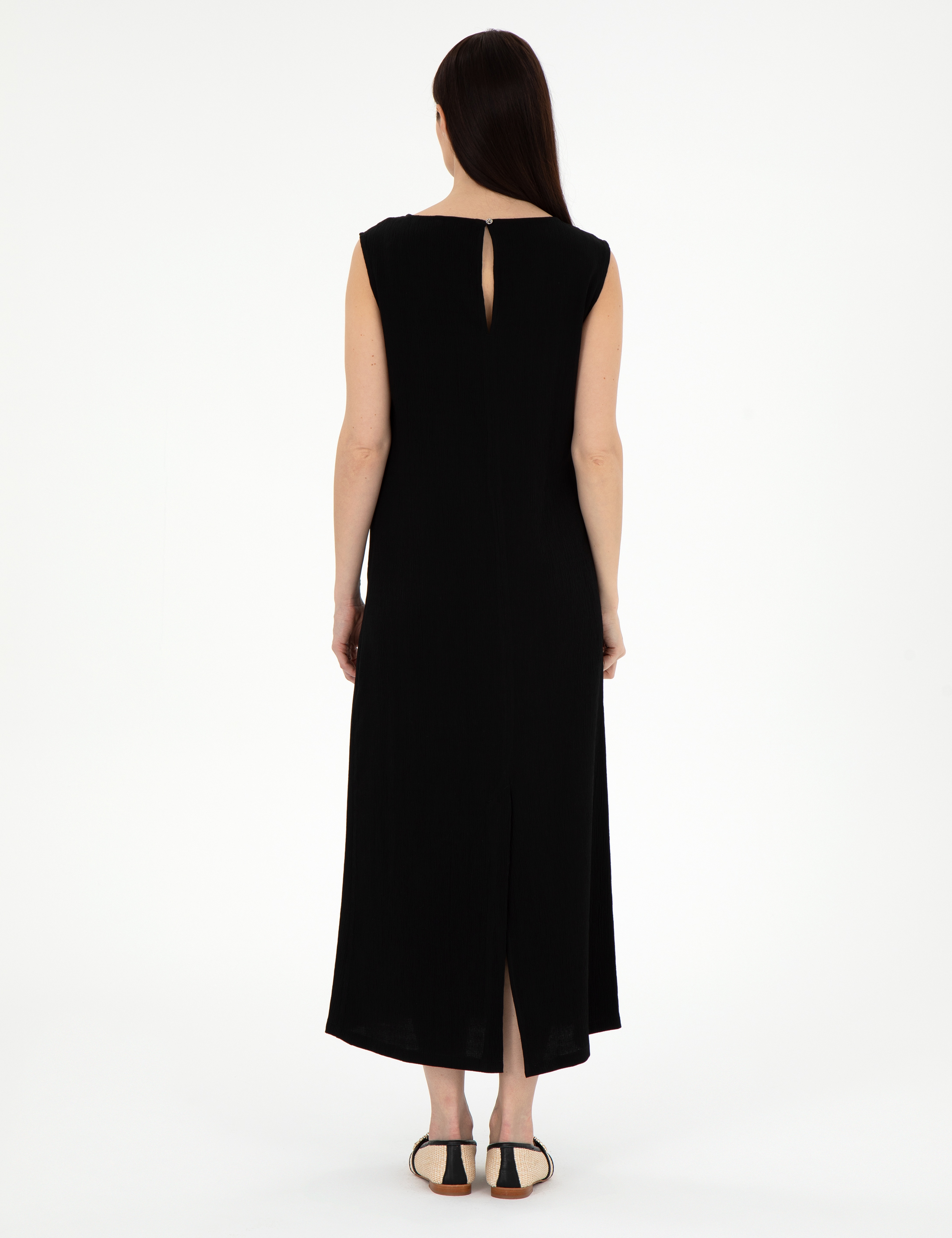 Siyah Regular Fit Dokuma Elbise - Image 4