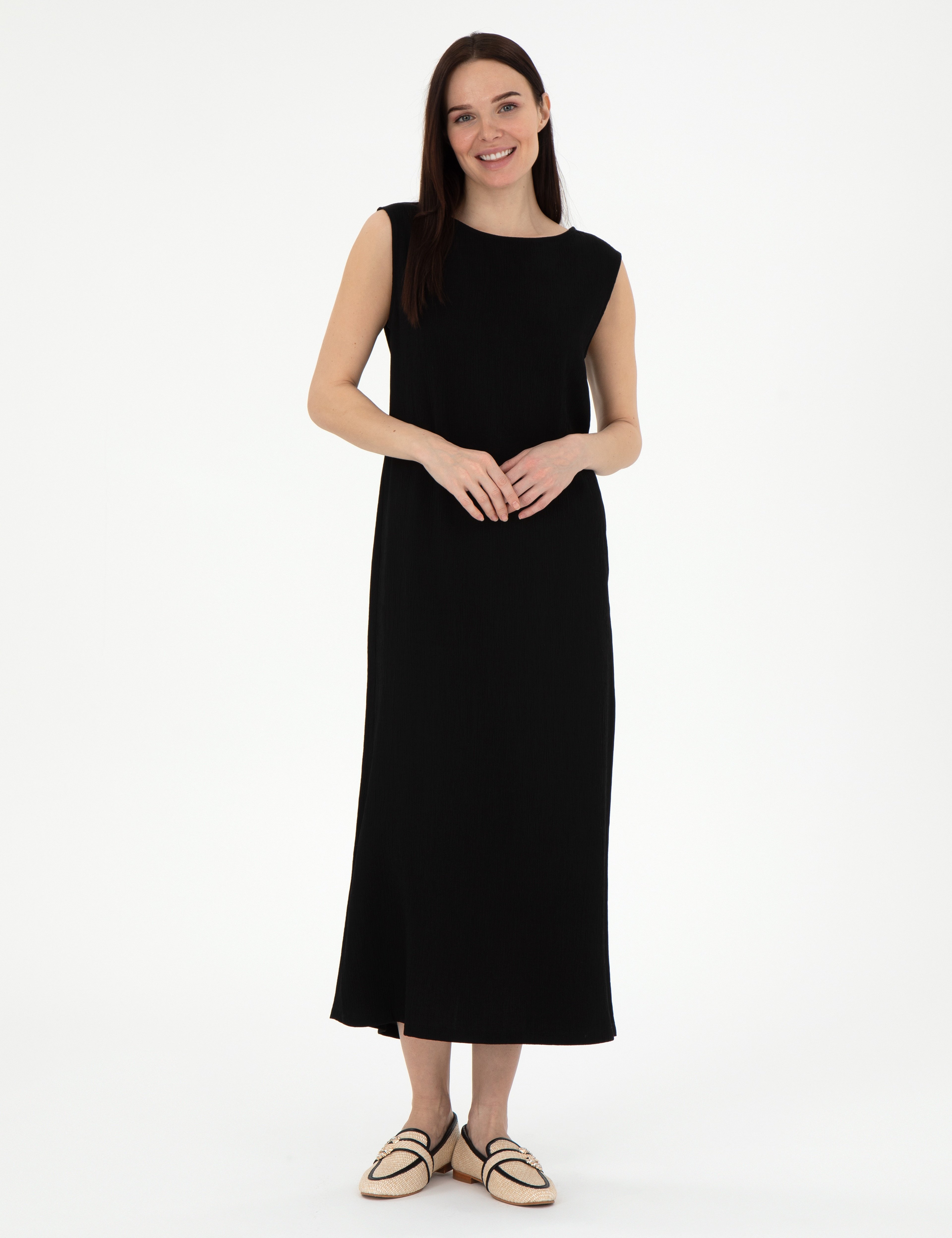 Siyah Regular Fit Dokuma Elbise - Image 1