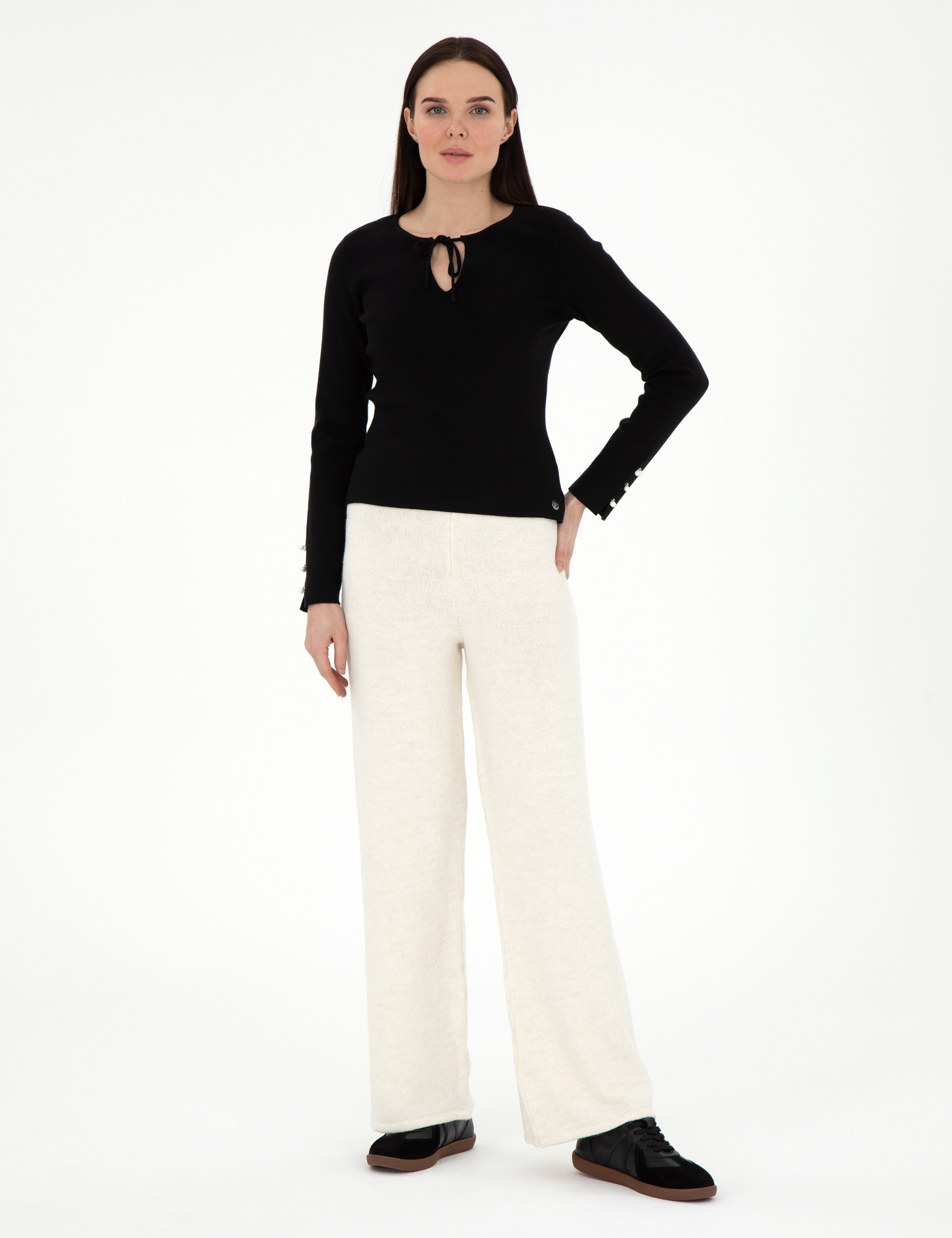 Ekru Loose Fit Triko Pantolon