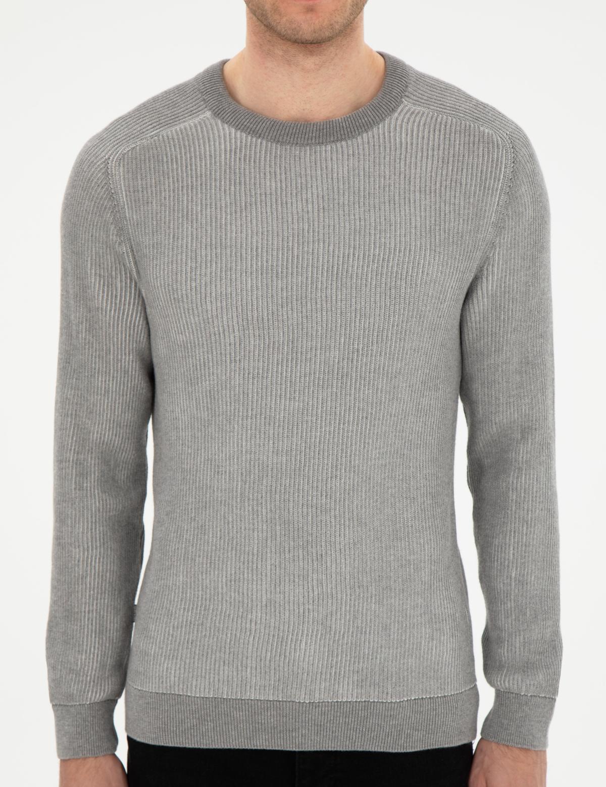 Açık Gri Melanj Slim Fit Bisiklet Yaka Triko Kazak - 50297117021