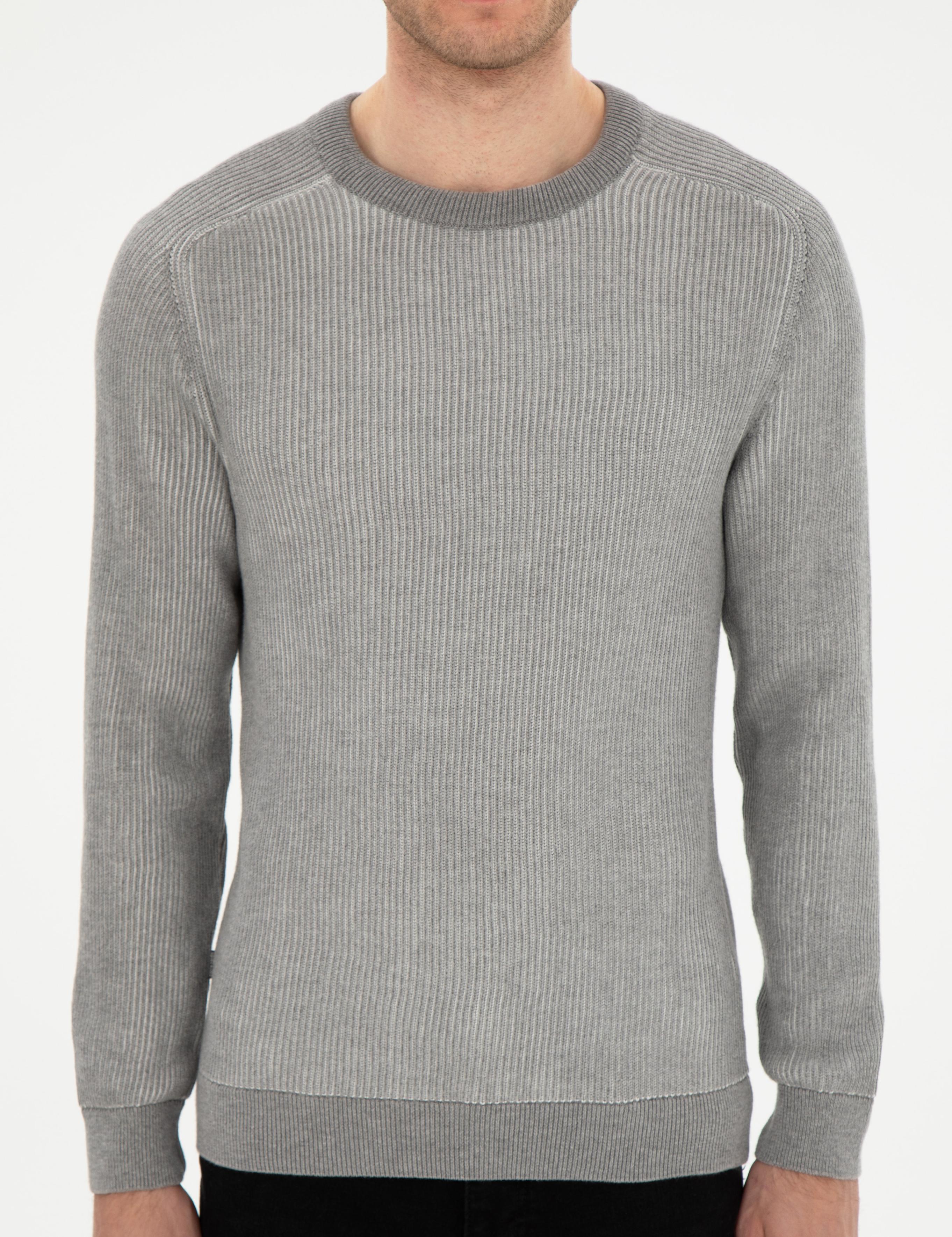 Açık Gri Melanj Slim Fit Bisiklet Yaka Triko Kazak